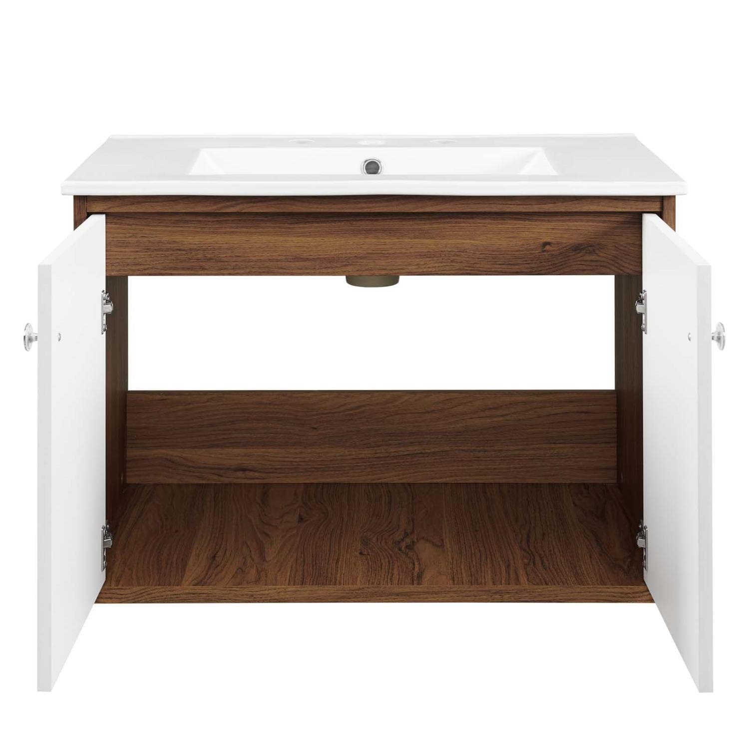 Modway Transmit 30-Inch Wall-Mount Bathroom Vanity in Walnut & White - Modern Space-Saving Storage Solution for Small Bathrooms & Powder Rooms