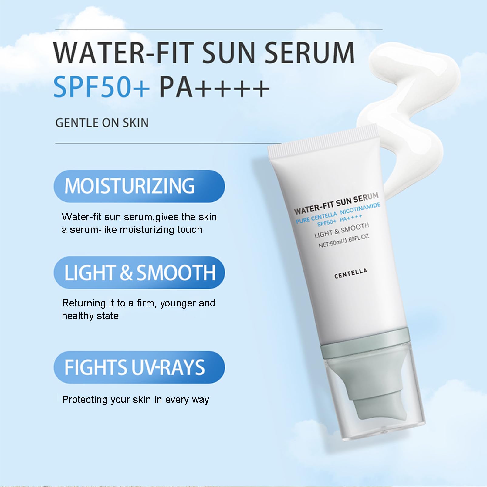 SPF 50 Hyaluronic Acid Cica Sunscreen Serum - Water-Fit Face Sunscreen with Long-Lasting Protection | Madagascar Centella Extract | No White Cast for Dry & Oily Skin | Perfect for Daily Use, Outdoor Activities & Beach Days (Blue 1)