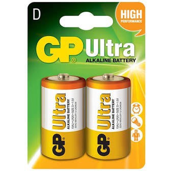 GP Ultra Alkaline D Batteries 2-Pack - Long-Lasting Power for Flashlights, Toys, and Electronic Devices