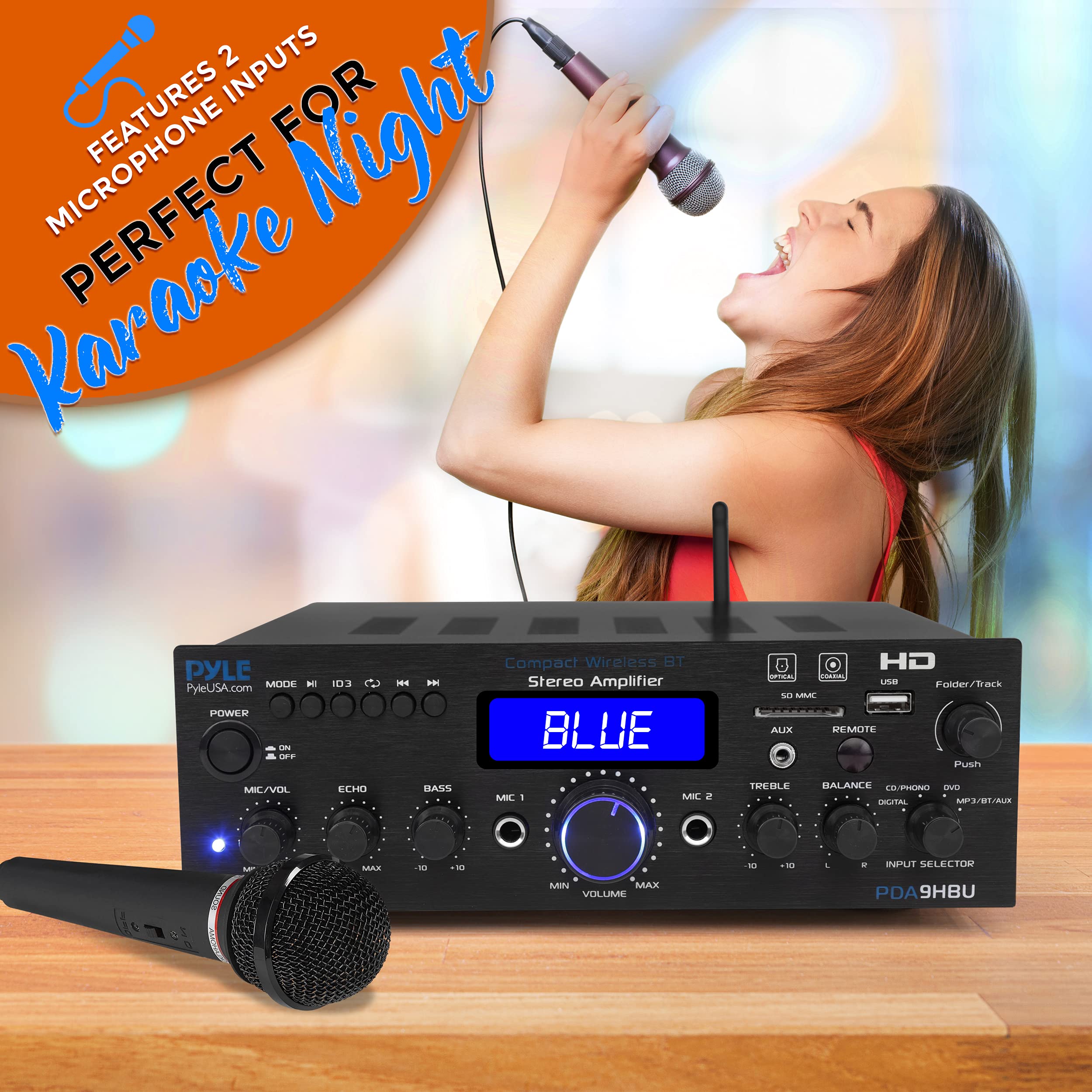 Pyle Wireless Bluetooth Home Stereo Amplifier - 200W Multi-Channel Power Amplifier Audio Receiver with HDMI, Optical/Phono/Coaxial, FM Radio, USB/SD, AUX, RCA & Mic Inputs - Remote Control - PDA9HBU - Perfect for Home Theater, Karaoke & Music Streaming Systems