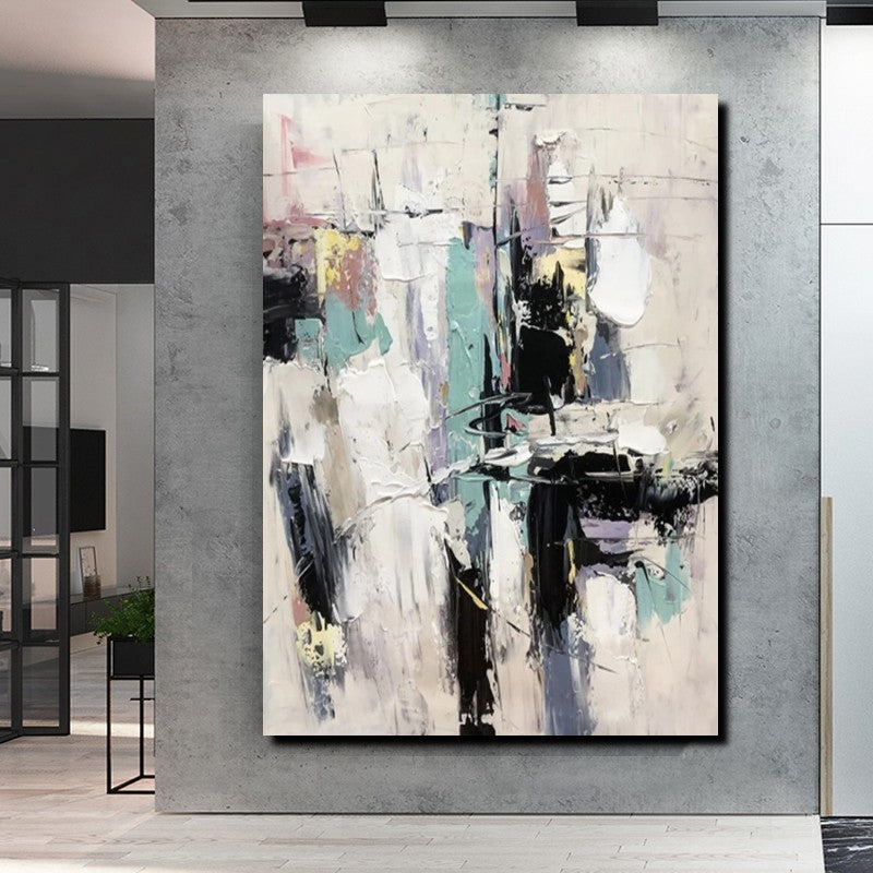 Contemporary Modern Abstract Art - Black & White Impasto Painting for Living Room | Palette Knife Wall Art Decor | Buy Online for Home & Office Decor