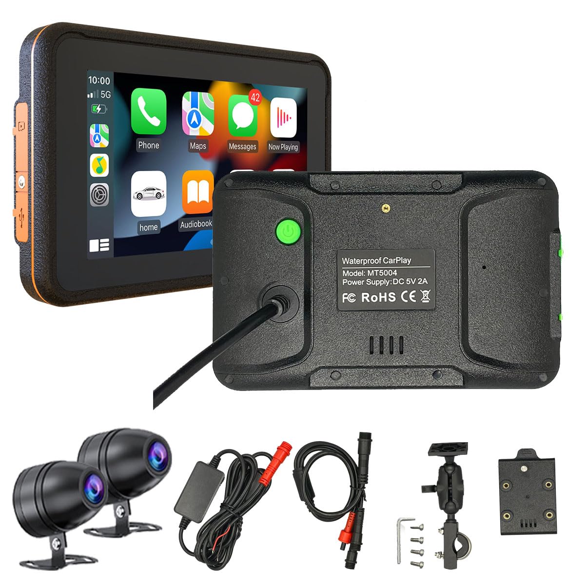 Motorcycle CarPlay Android Auto GPS Navigation System with Dual 1080p DVR Cameras, Bluetooth, WiFi, Waterproof Design & 1000mAh Battery - Handlebar Mount (Yellow) for Adventure Riding & Commuting