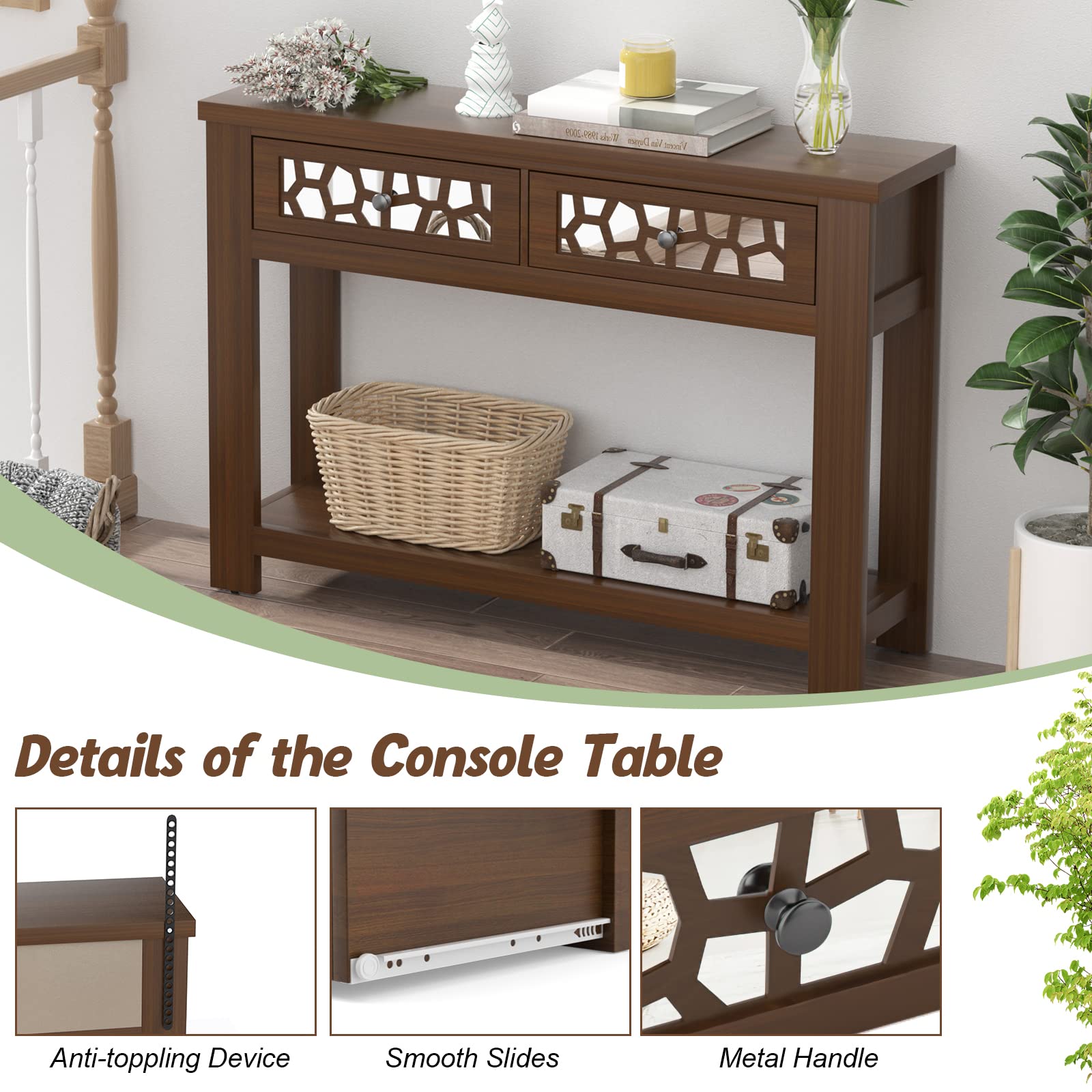 Giantex 2-Tier Wooden Console Table with 2 Drawers & Open Shelf - Rustic Brown Entryway Table for Living Room, Hallway & Foyer - Easy Assembly Rectangular Accent Table for Home Decor & Storage