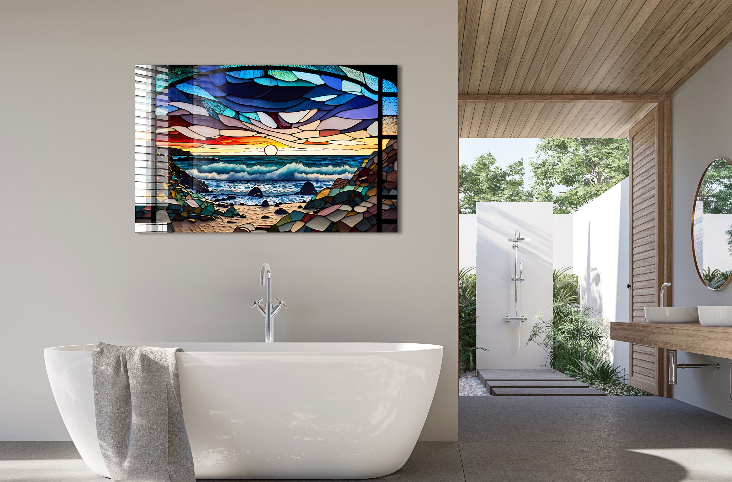 Abstract Coast Stained Glass Effect Wall Art - Handmade Modern Home Decor for Living Room, Bedroom & Office - Perfect for Bohemian, Coastal & Contemporary Interior Design Styles