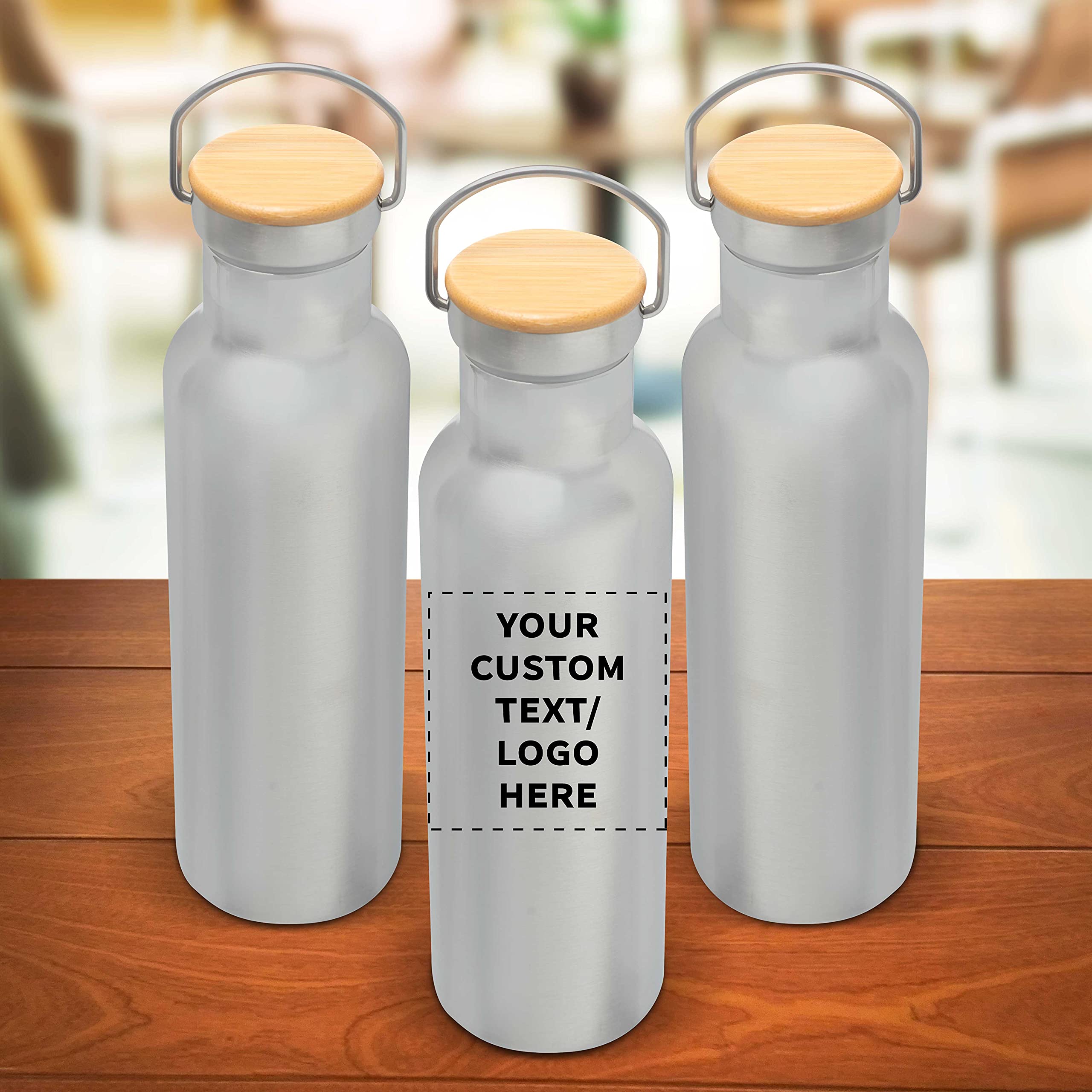 24 Pack Stainless Steel Water Bottles with Wooden Lid - 20 oz Double Wall Insulated, BPA Free, Spill Proof - Customizable Text & Logo (Silver) - Perfect for Office, Gym, Hiking and Outdoor Activities