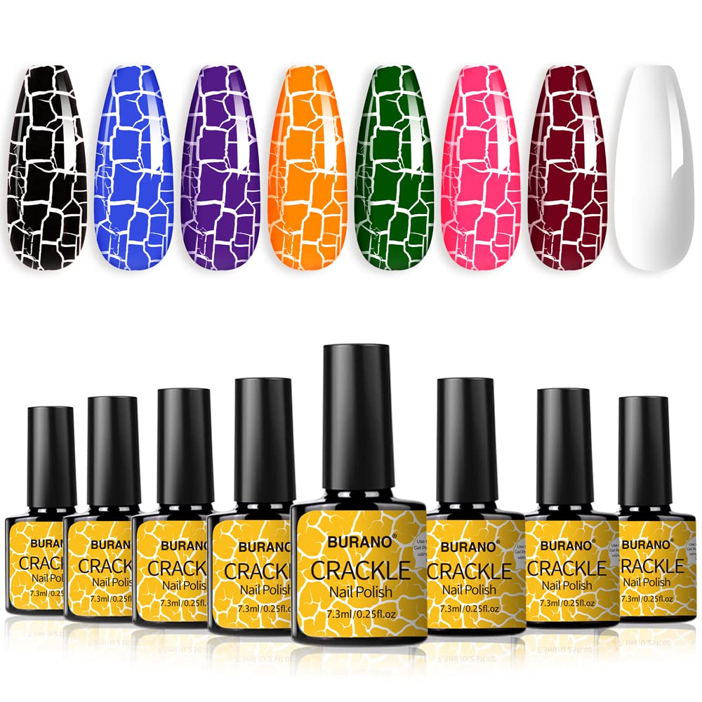 BURANO Crackle Gel Nail Polish Set - 7 Vibrant Colors + White Gel Polish | No UV Lamp Needed | Easy DIY Nail Art for Home Manicures & Salon Looks