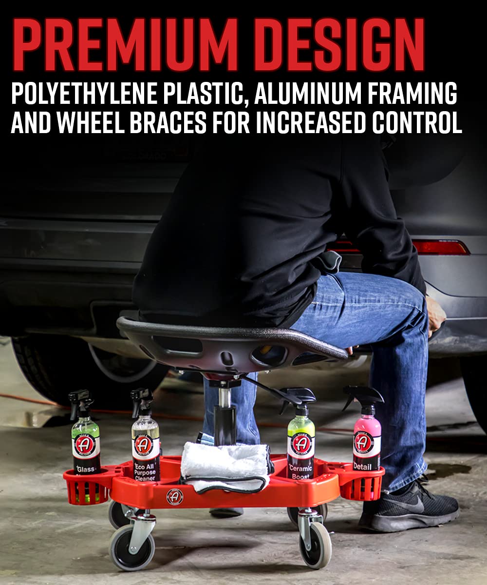 Adam's Polishes Pro Rolling Stool - Adjustable Height Car Detailing Stool with Wheels & Tool Tray | Perfect for Car Cleaning, Buffing, Polishing, Ceramic Coating & Waxing | Garage Workshop & Auto Detailing Essential