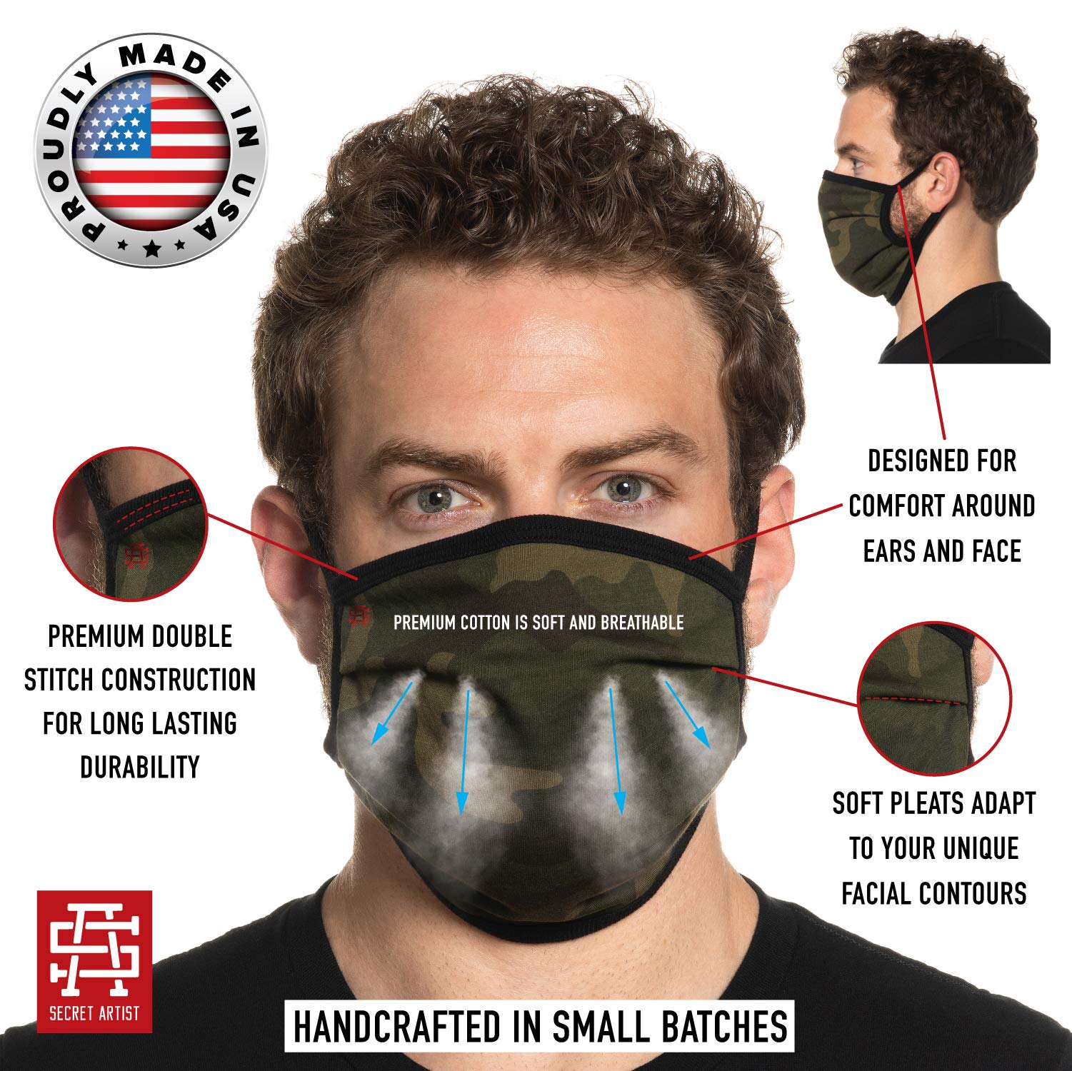 3-Pack Reusable Camo Cloth Face Masks - Washable, Breathable & Adjustable for XL/XXL Faces | Unisex, Reversible & Made in USA | Perfect for Outdoor Activities, Hunting, Hiking & Daily Protection