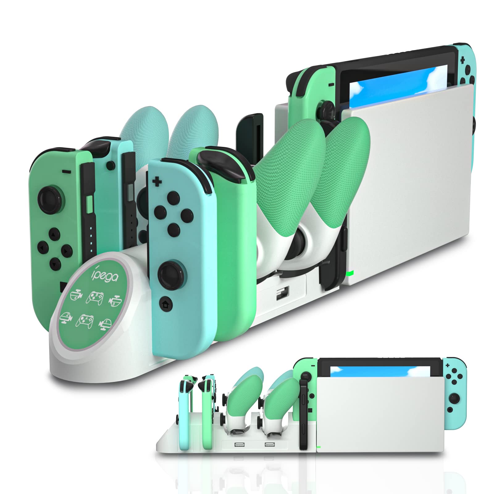 Nintendo Switch Charging Dock with LED Indicator - Fast Charging Station for Joy Cons & Pro Controllers (Green/White) | Perfect for Gaming Setup & Multiplayer Sessions
