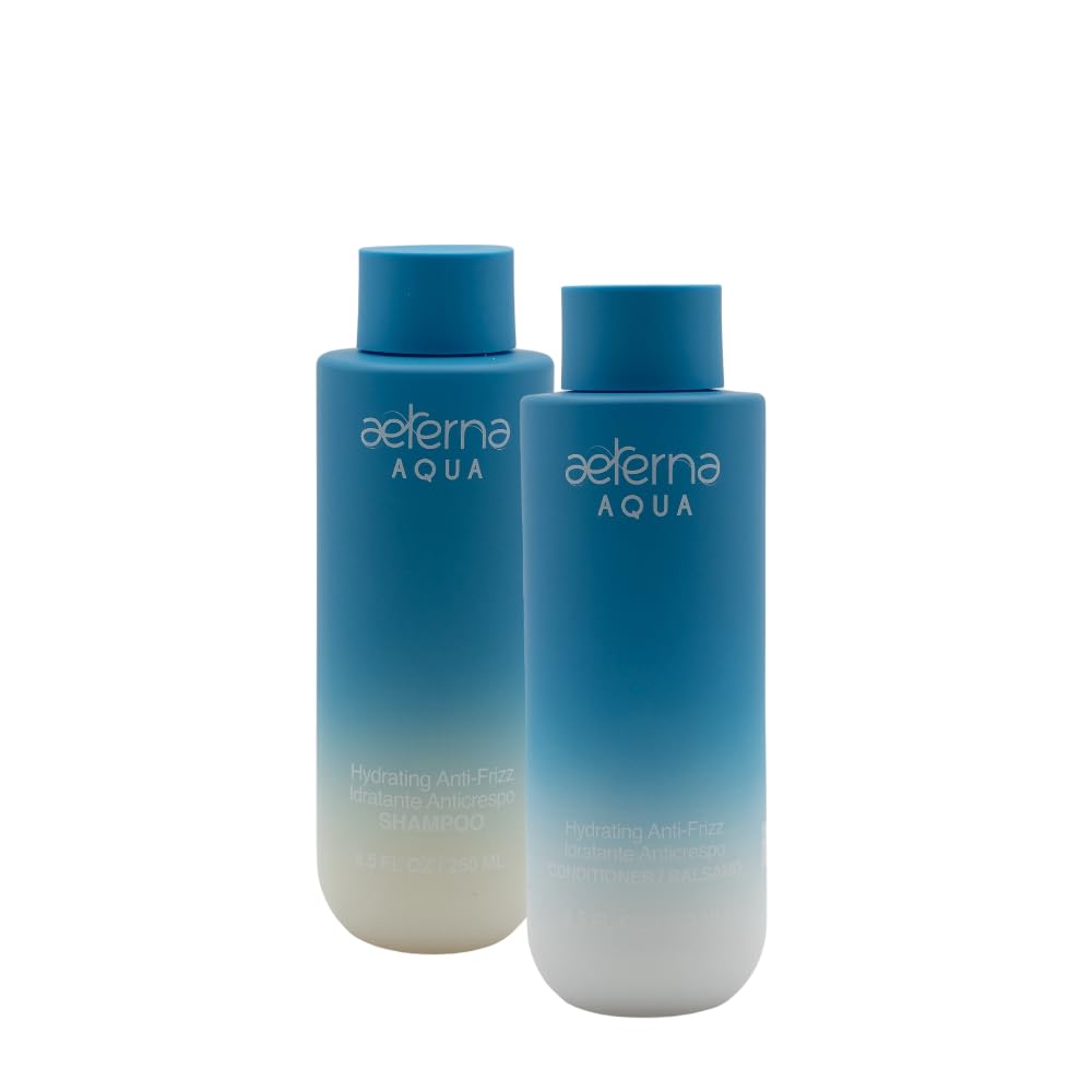 Aeterna AQUA Shampoo and Conditioner Set - Natural Hydrating Hair Care with Almond Oil, Linseed Oil & Aloe Vera - Anti-Frizz for All Hair Types - Perfect for Daily Use, Dry/Damaged Hair Repair & Salon-Quality Results at Home
