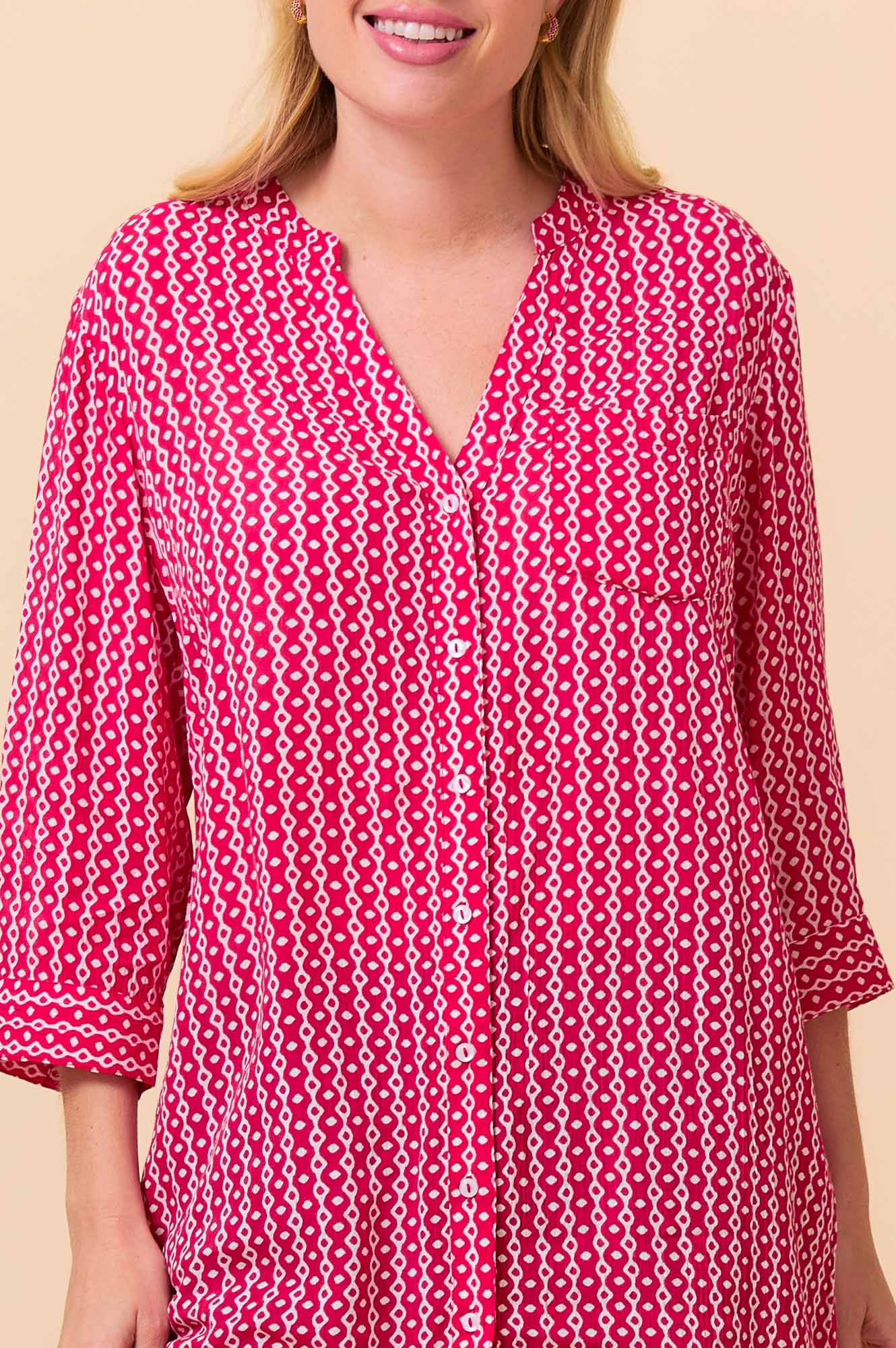 Mila Shirt Tunic for Women - Santorini Red & White Floral Print Summer Blouse | Perfect for Beach Vacations, Date Nights & Office Wear