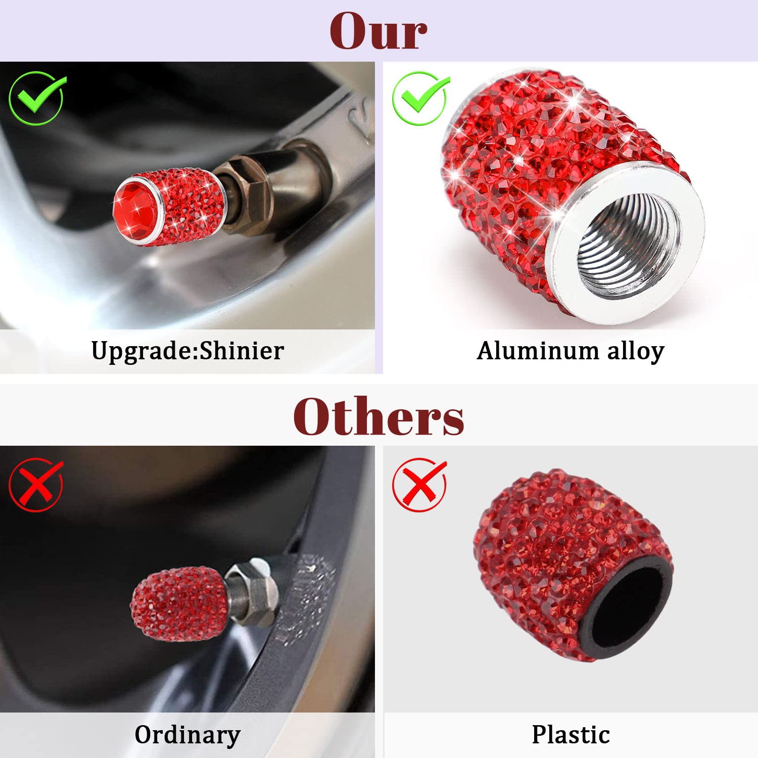 Bling Crystal Tire Valve Caps - 4 Pack Red Rhinestone Covers for Car SUV Motorcycle - Dustproof Luxury Accessories for Night Driving