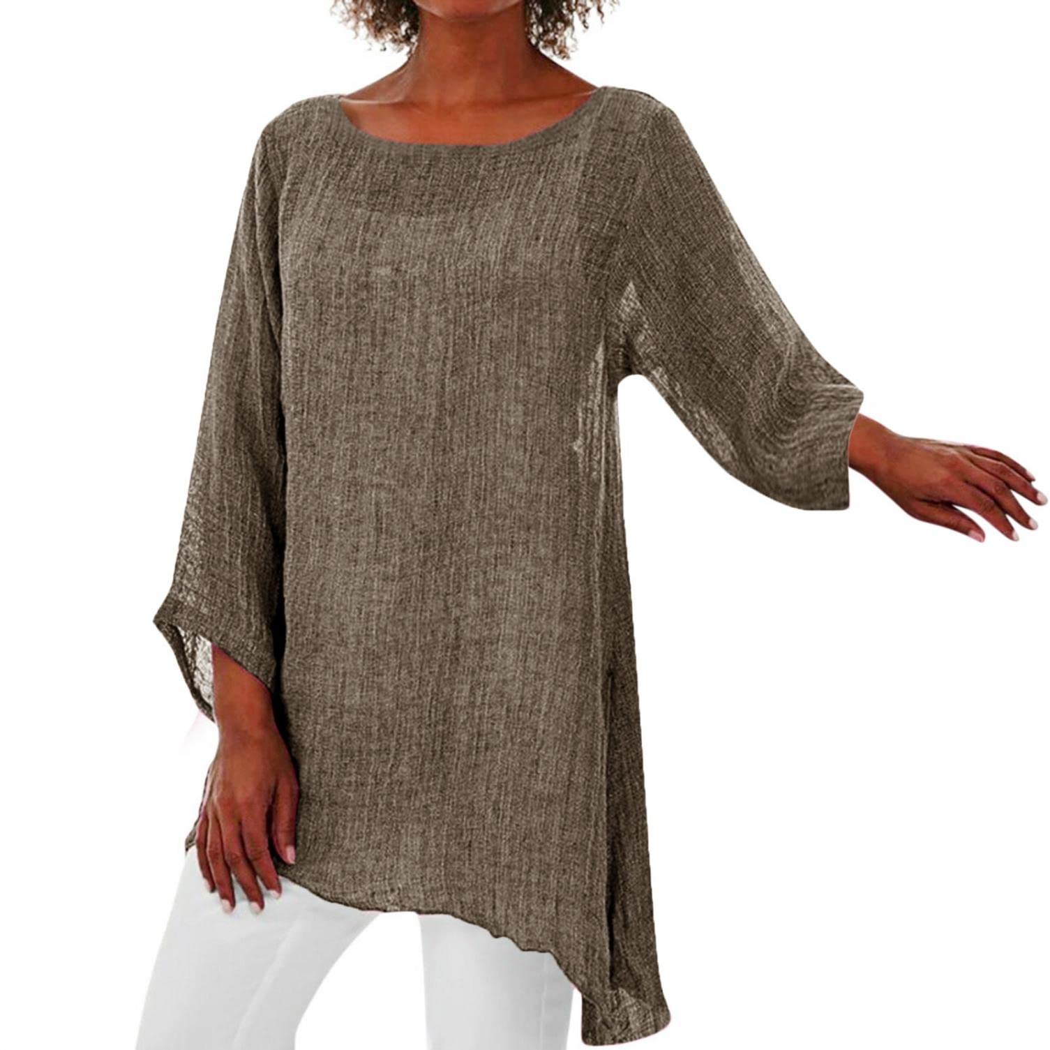 Women's Cotton Linen Long Sleeve Blouse - Loose Fit Tunic Top, Plus Size Boat Neck Casual Shirt for Summer | Perfect for Beach Outings, Weekend Brunch & Boho Style Outfits