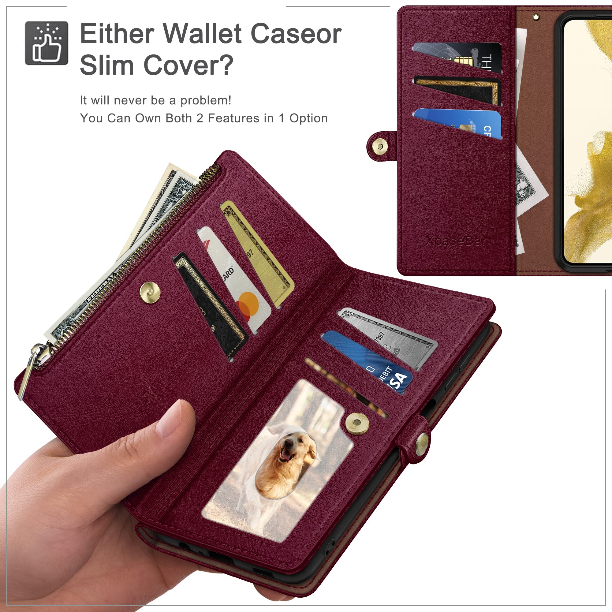 Samsung Galaxy S24 Ultra Wallet Case with Zipper Credit Card Holder & RFID Blocking - Flip Folio PU Leather Shockproof Protective Cover for Men & Women (Wine Red) - Perfect for Business Travel, Daily Commute & Secure Storage