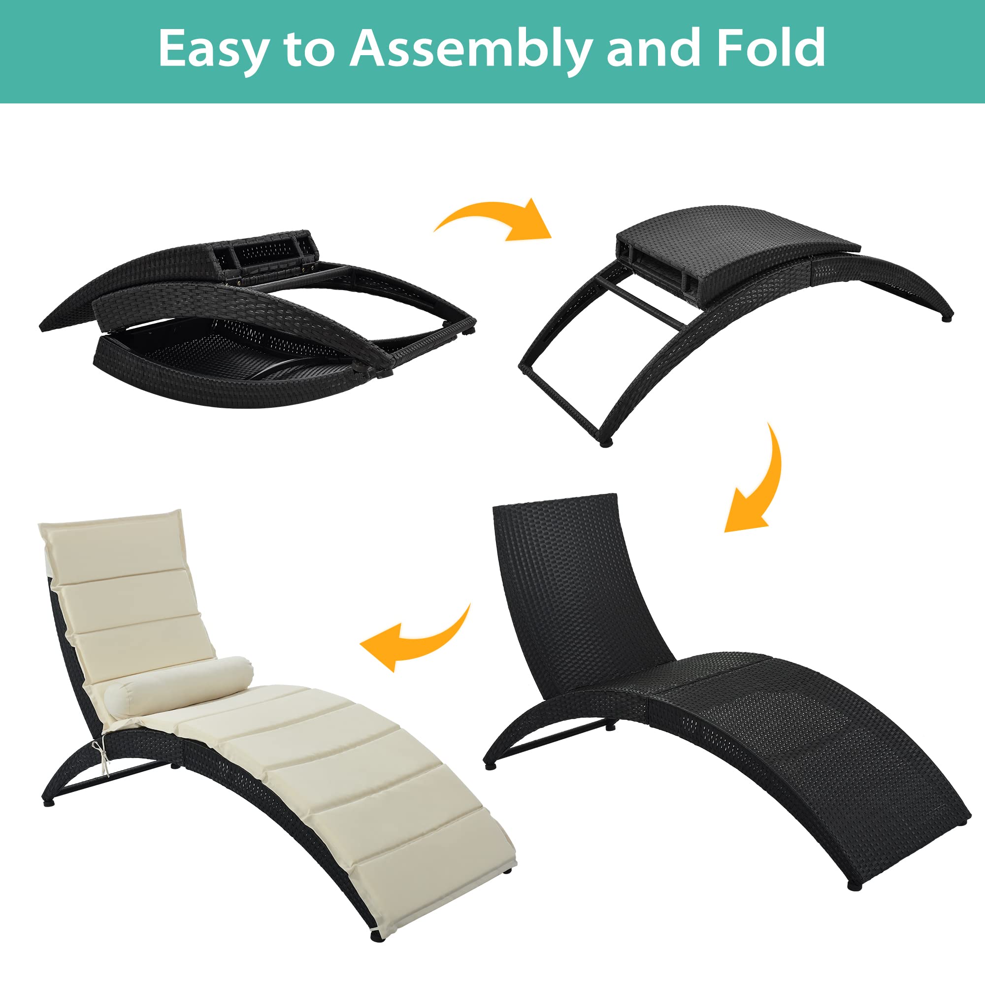 Foldable PE Rattan Sun Lounger Chair with Removable Cushion & Pillow - Outdoor Patio Furniture for Backyard, Garden, Poolside, Balcony - Wicker Chaise Lounge for Relaxing in Black & Beige