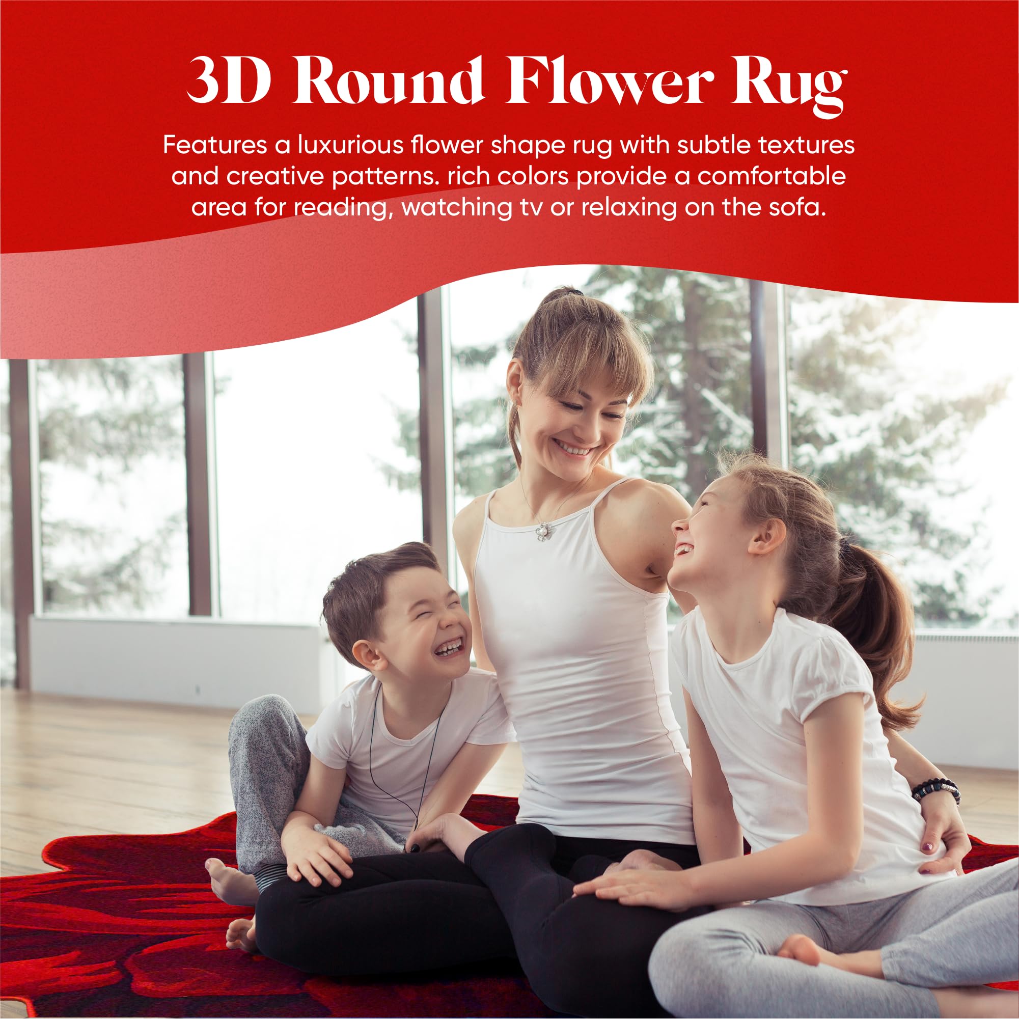 5ft Round Fluffy Flower Rug - Soft Plush Circle Area Carpet for Bedroom, Living Room, Nursery - Girly Home Decor in Vibrant Red (305) - Perfect for Boho Chic Decor & Cozy Floor Seating