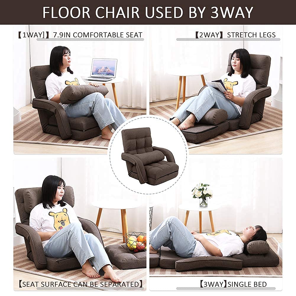 FLOGUOR 14-Position Adjustable Floor Chair - Ergonomic Chaise Lounge with Armrests & Pillow - Foldable Lazy Sofa for Adults - Perfect for Gaming, Living Room & Bedroom (Brown 8803CO) - Great for Movie Nights, Reading & Relaxation