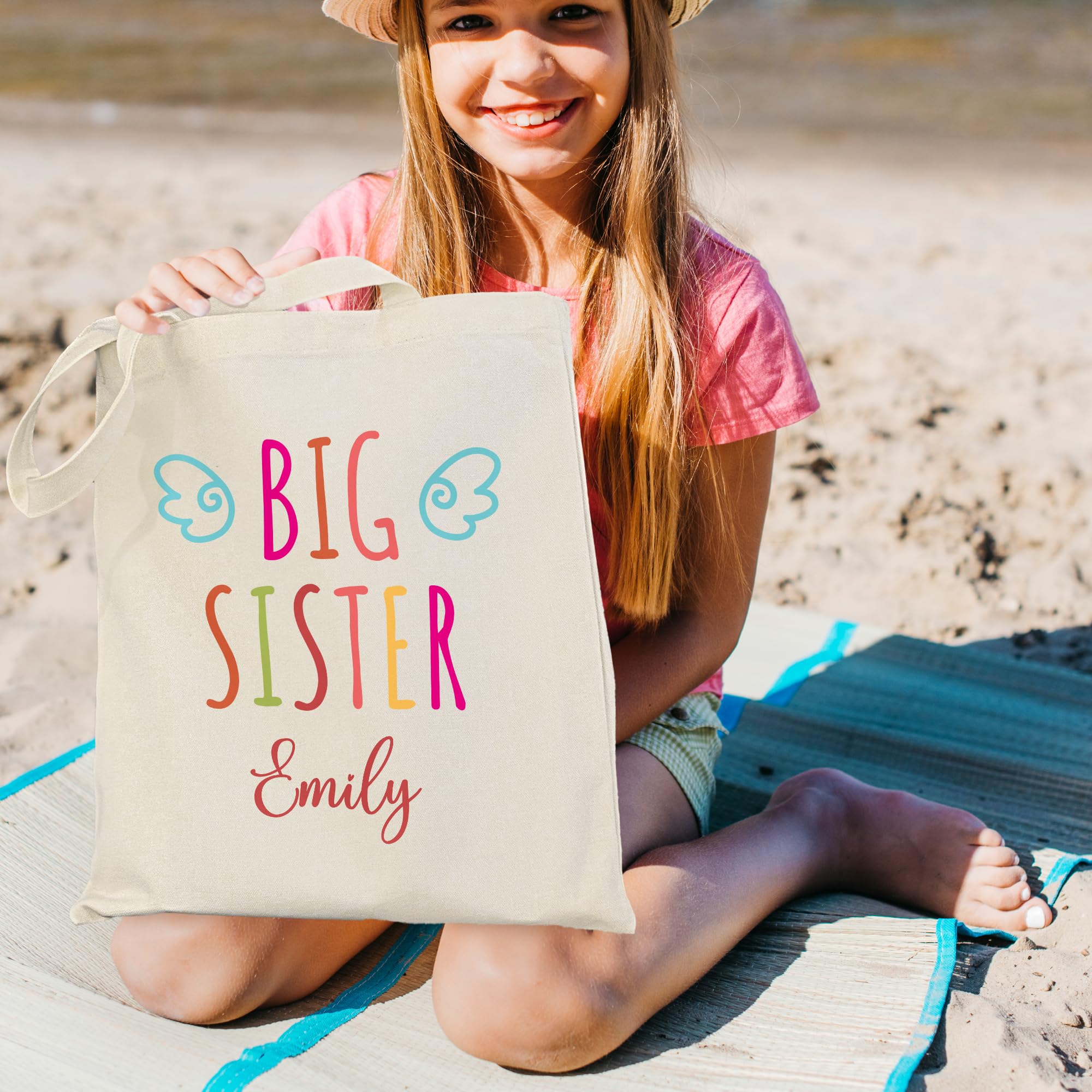 Personalized Baby Shower Gifts for Big Sister - Custom Name & Little Wings Canvas Tote Bag - Unique Present for Soon-to-Be Sister, Daughter, Granddaughter, Niece (Design 06, Beige, Medium) - Perfect for Baby Showers, Birthday Gifts & Special Occasions