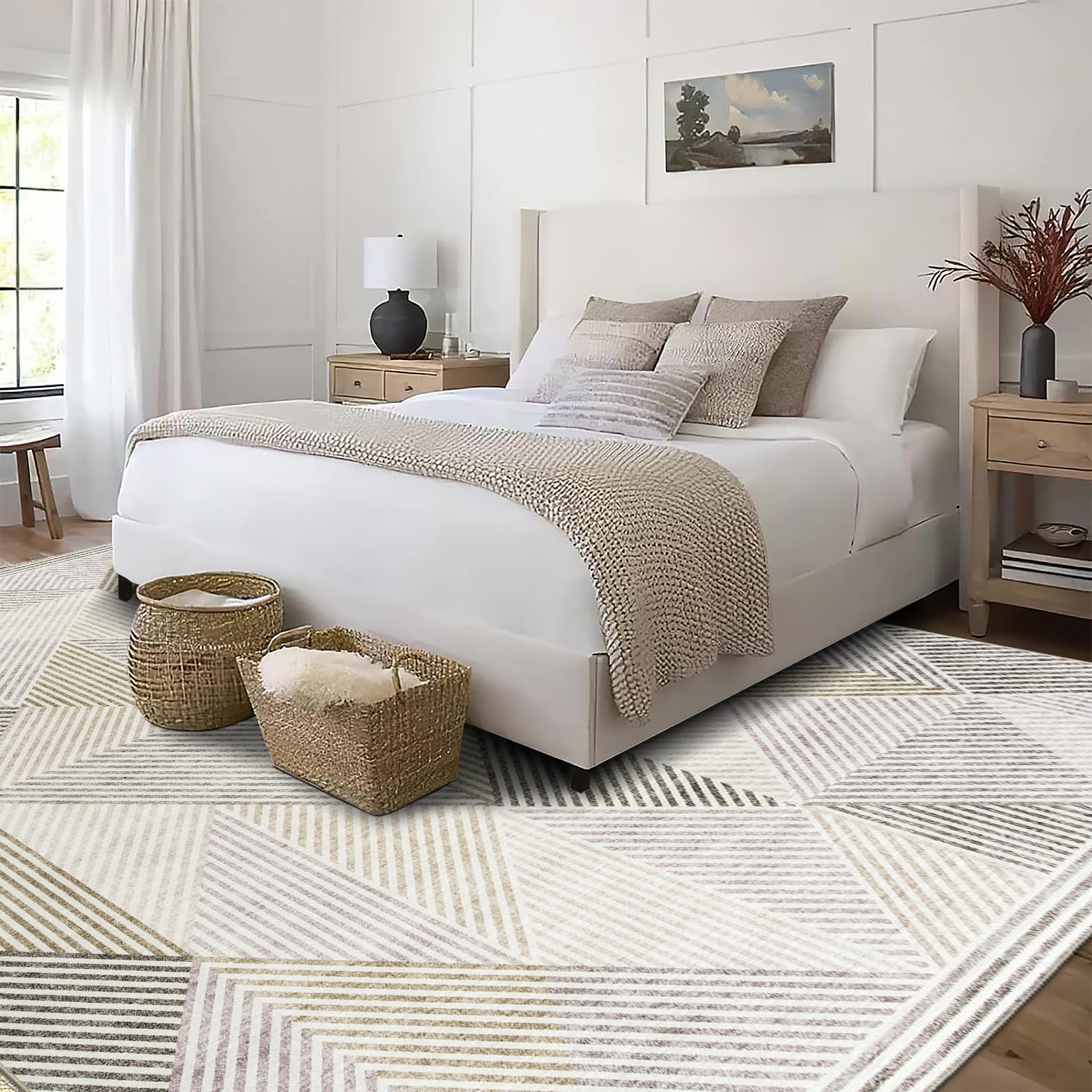 Machine Washable Area Rug - Stain Resistant Low Pile Modern Geometric Rug for Living Room, Bedroom, Office - Soft Padded Non-Slip Contemporary Design - Perfect for High Traffic Areas & Pet-Friendly Homes - Miles Collection Beige 7'6
