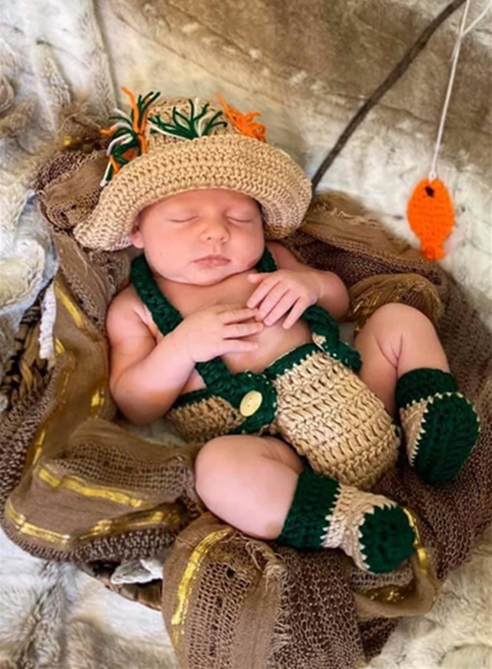 Crochet Baby Fishing Hat & Diaper Shoes Set - Adorable Fisherman & Fish Photography Props for Newborns, Infants - Perfect for Themed Photo Shoots, Baby Showers, and First Birthday Parties