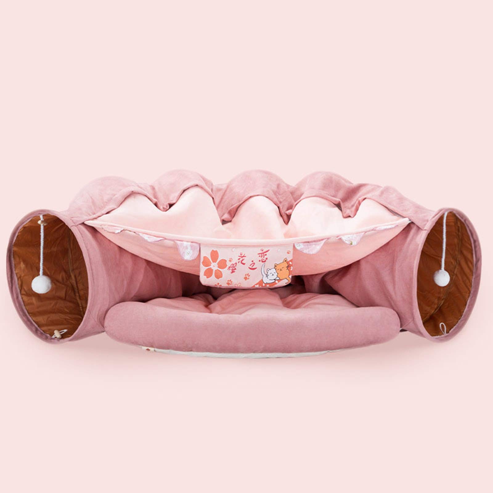 Interactive Cat Tunnel Bed with Catch Ball - 2-in-1 Foldable Pet Play Tube for Indoor Cats, Kittens, Rabbits & Puppies | Exercise Puzzle Toy & Cozy Hideaway in Romantic Cherry Pink | Perfect for Playtime, Training & Small Pet Enrichment