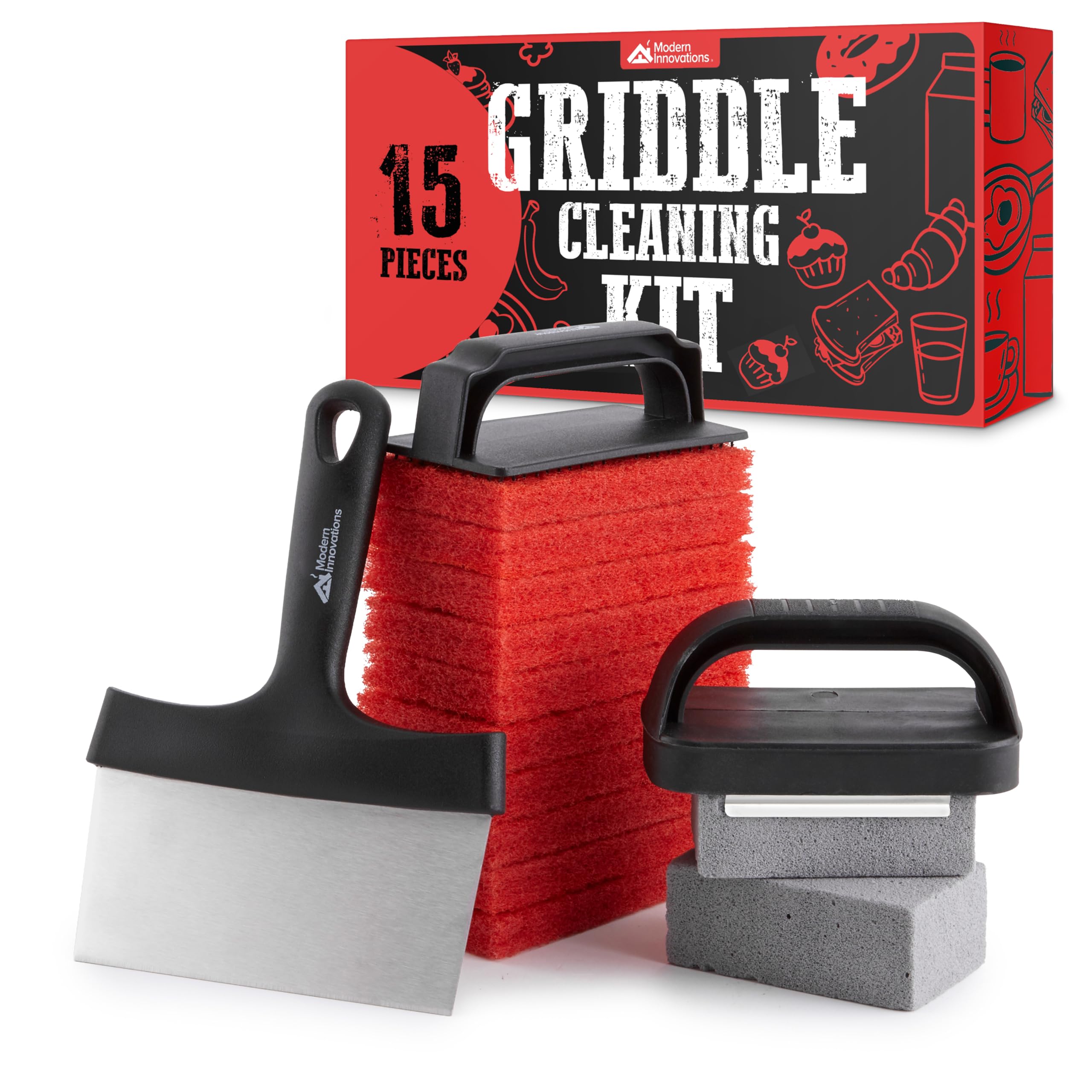 15-Piece Griddle Cleaning Kit for Blackstone & Weber BBQ - 10 Scouring Pads, 2 Grill Stone Bricks, 1 Indoor Grill Scraper, 2 Handles - Professional Flat Top Grill Cleaner Accessories for Outdoor & Indoor Cooking