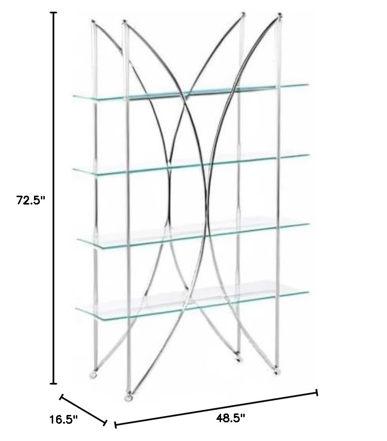 4 Shelf Floating Glass X Motif Bookcase - Chrome Finish Modern Bookshelf for Living Room, Bedroom & Office Storage