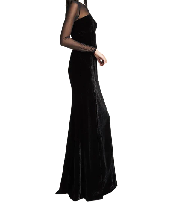 Elegant Women's Velvet Gown with Illusion Neckline - Perfect for Evening Parties, Prom Dresses & Formal Events
