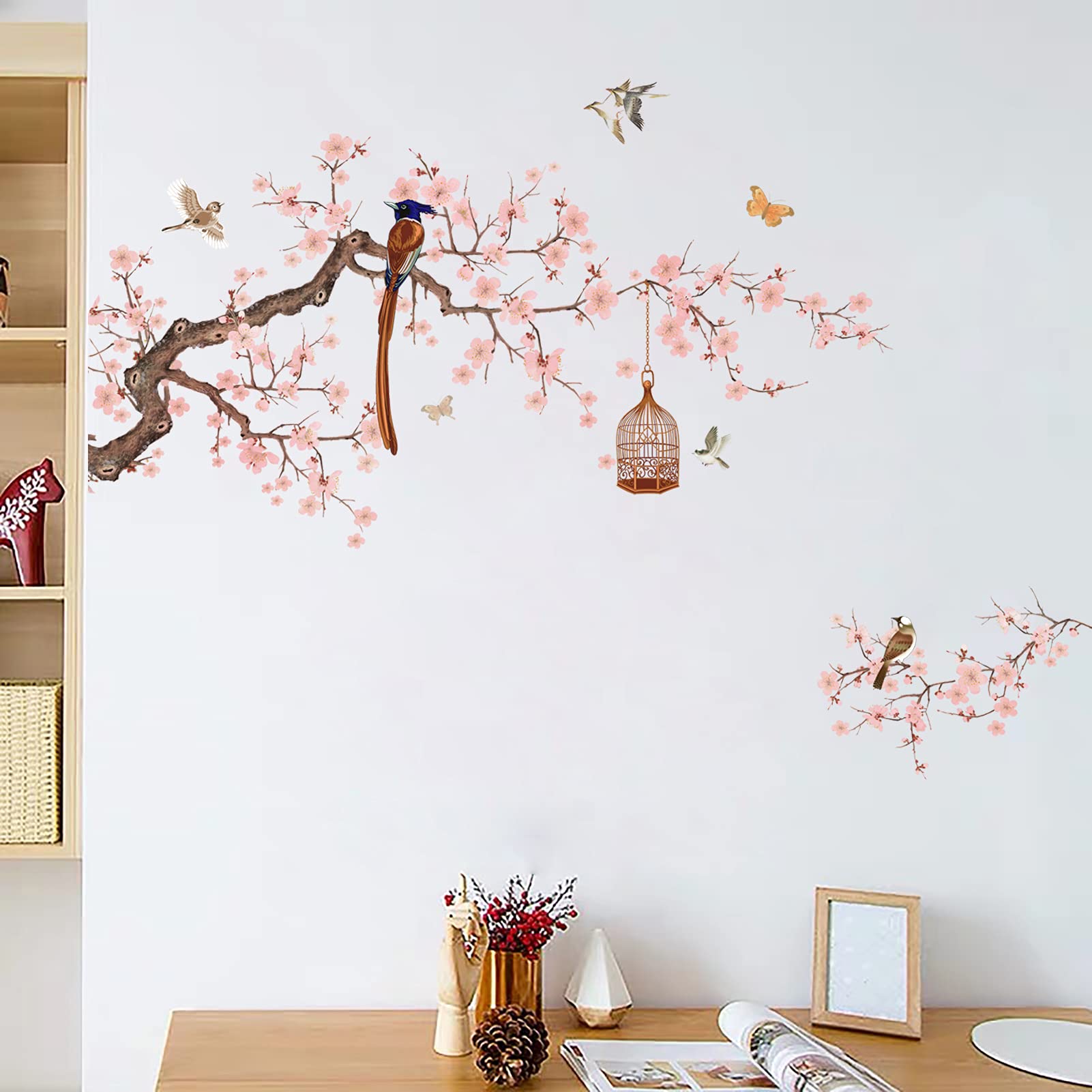 Chinese Style Pink Flower Wall Decals - Peel and Stick Wall Stickers for Living Room & Bedroom, Peach Pink Floral Wall Murals for Home Decor - Perfect for Nursery, Wedding Backdrop, and DIY Wall Art Projects