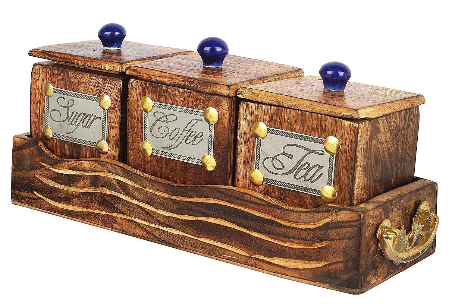 Premium Wooden Canister Set with Tray & Lid - 3-Piece Large 600ml Containers for Tea, Coffee, Sugar Storage | Rustic Brown Wooden Box | Perfect for Kitchen Countertop, Pantry Organization & Home Decor