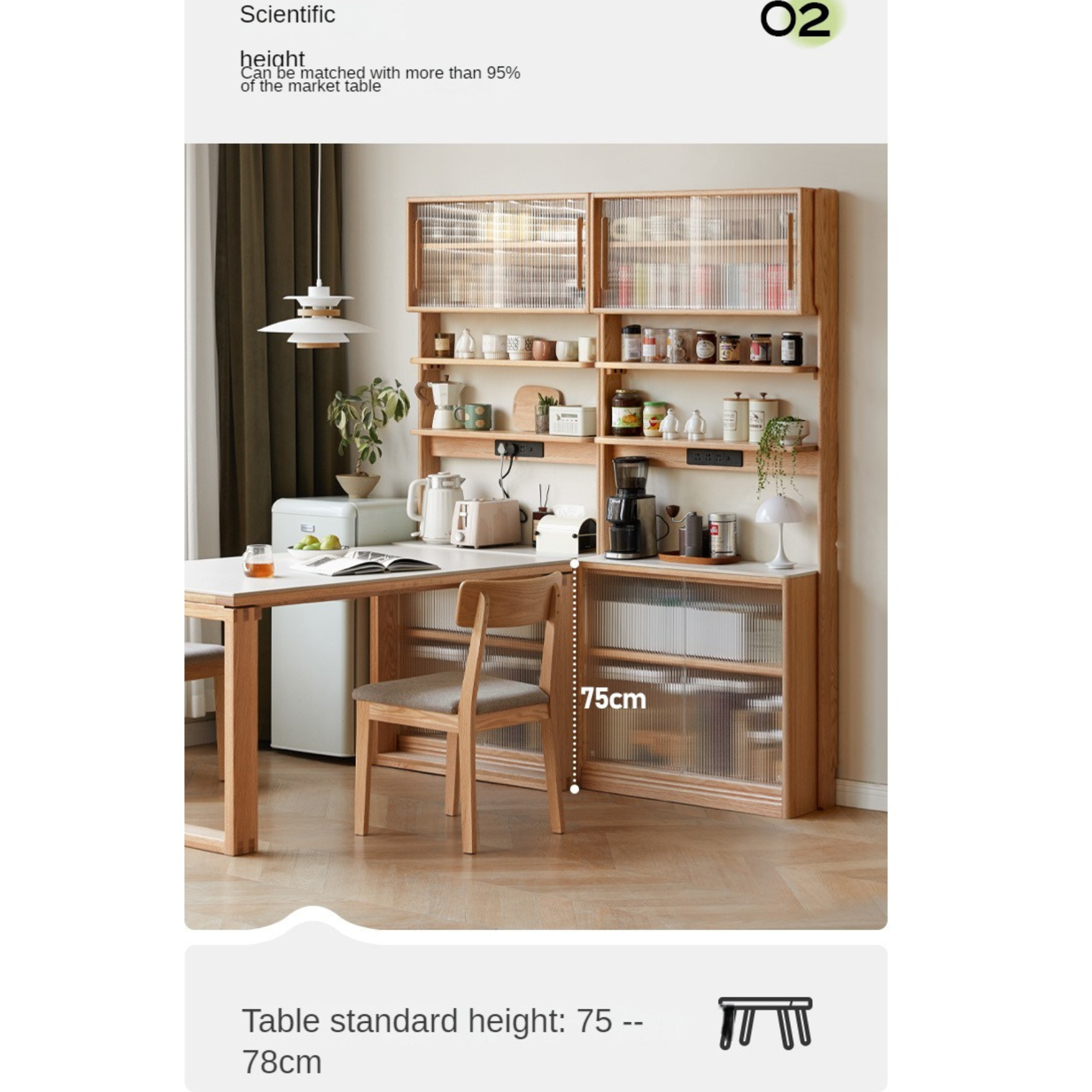 Solid Oak Wood Sideboard with Rock Board Top - Multifunctional Dining Room Storage Cabinet for Kitchen, Living Room & Entryway Organization