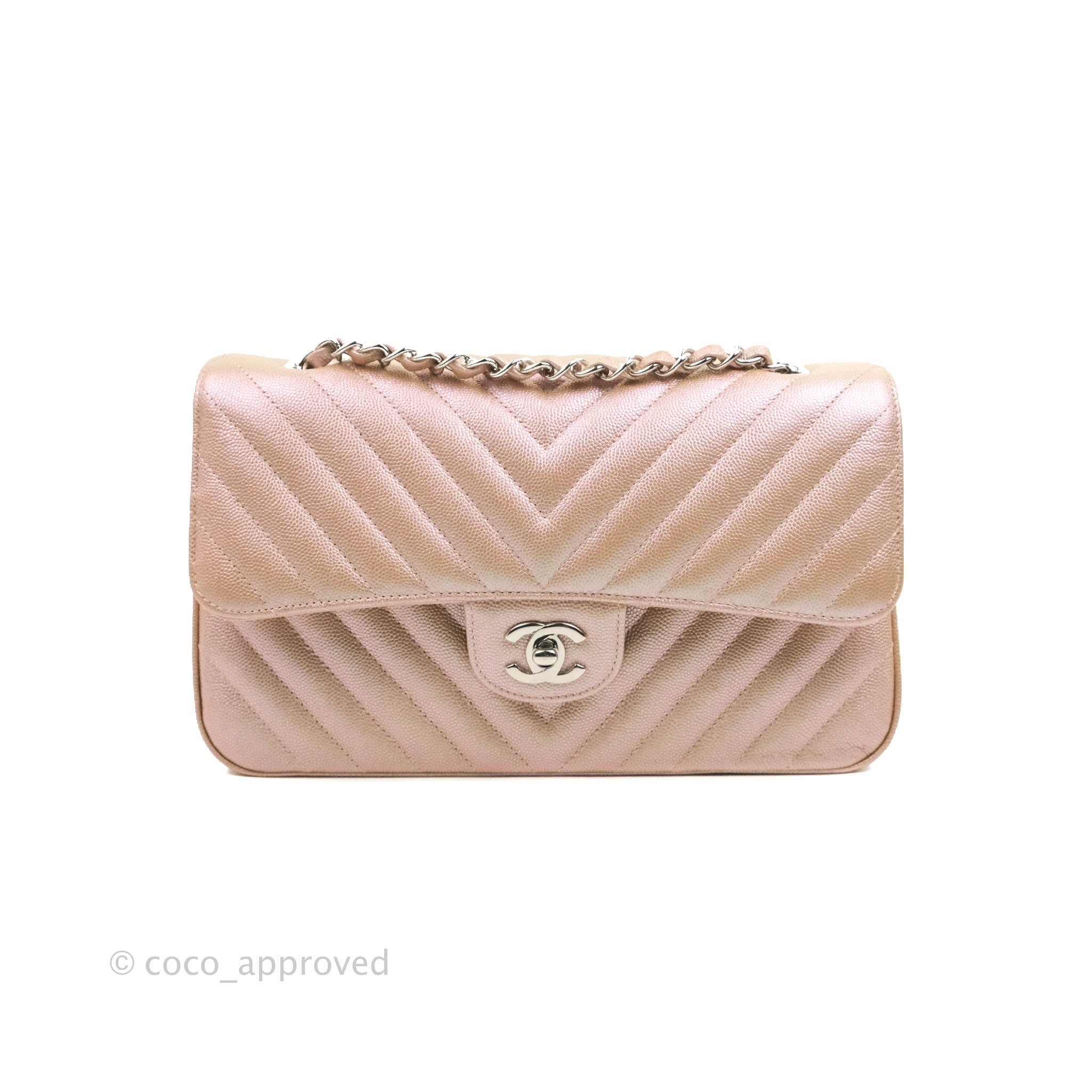 Chanel Classic M/L Medium Double Flap Bag in Iridescent Rose Gold Pink Caviar Leather with Silver Hardware - 17B Collection | Perfect for Evening Events, Luxury Gifts & Fashion Accessories
