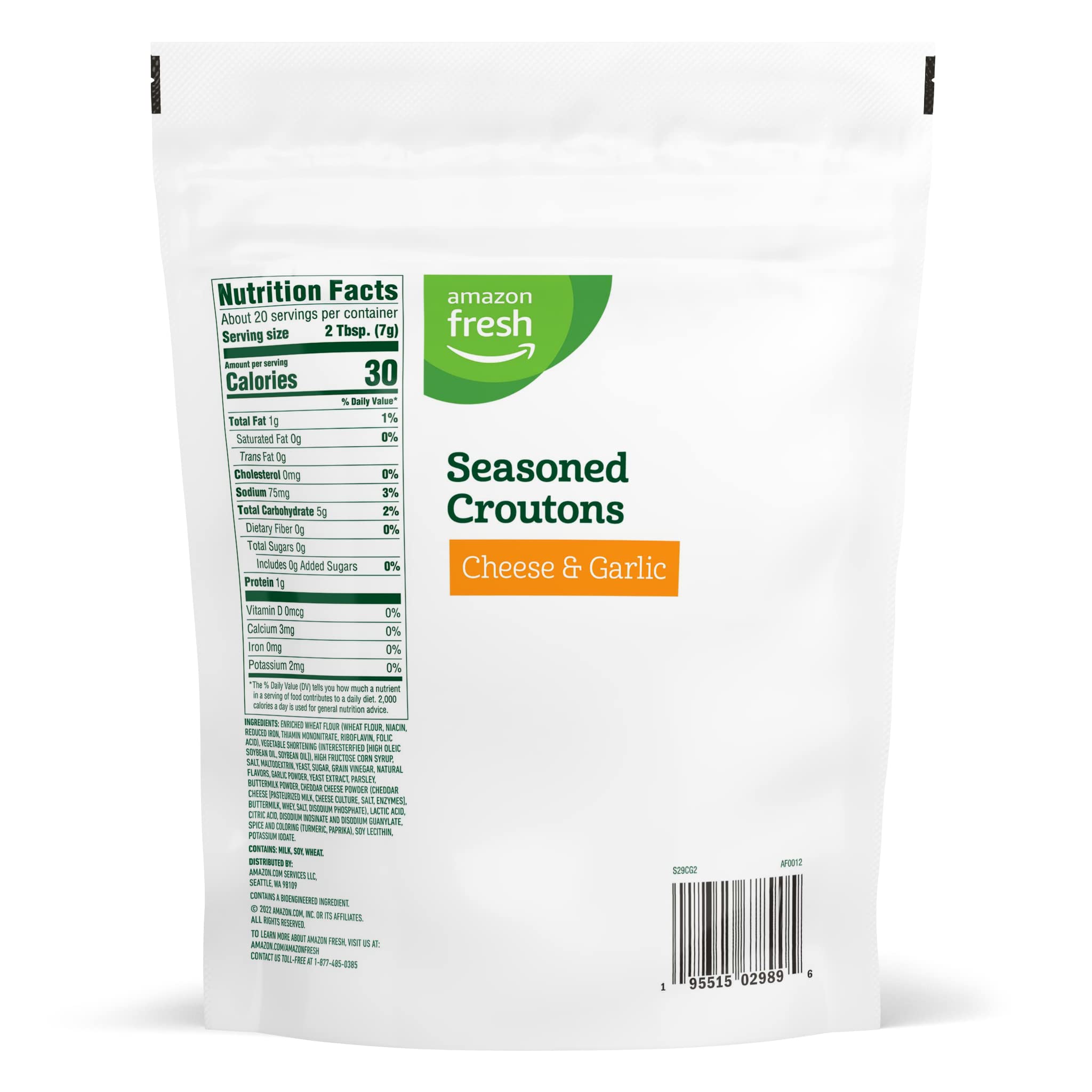 Amazon Fresh Seasoned Croutons - Cheese & Garlic Flavor (5 Oz) | Perfect for Salads, Soups & Snacking | Crunchy Bread Topping for Caesar Salad & More