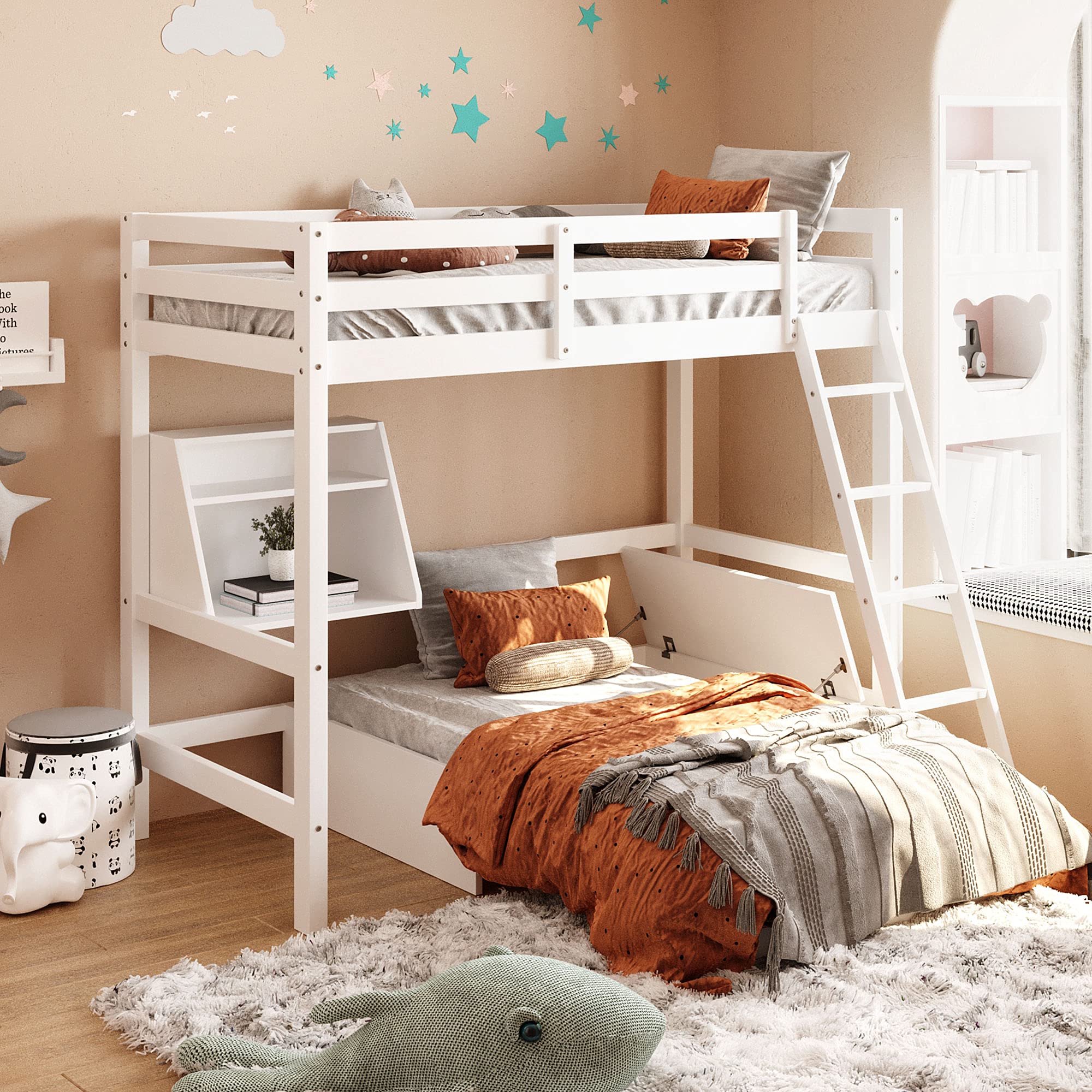 Twin Size Wood Loft Bed with Convertible Lower Bed, Storage Drawer & Shelf - White | Space-Saving Kids & Teen Bedroom Furniture for Small Rooms, Dorms & Apartments