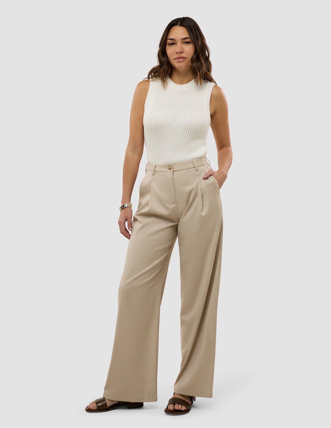 Women's Skye Wide Leg Pants in Sandy Beige Melange - Comfortable High Waisted Trousers for Work, Travel & Casual Wear