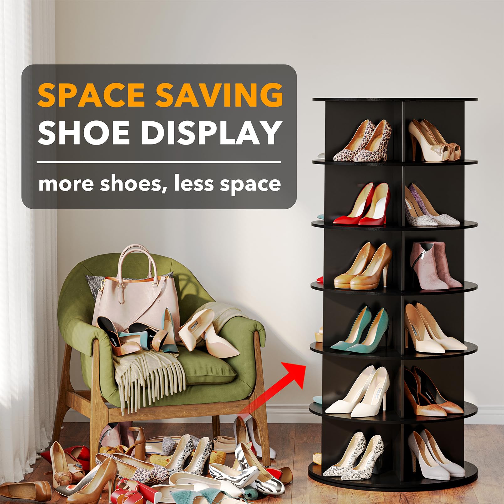 SpaceAid Black 6-Tier Spinning Shoe Rack Organizer - 360° Rotating Shoe Storage Tower with Lazy Susan Design for Closet, Entryway & Bedroom Organization | Perfect for Sneakers, Heels & Handbags Display