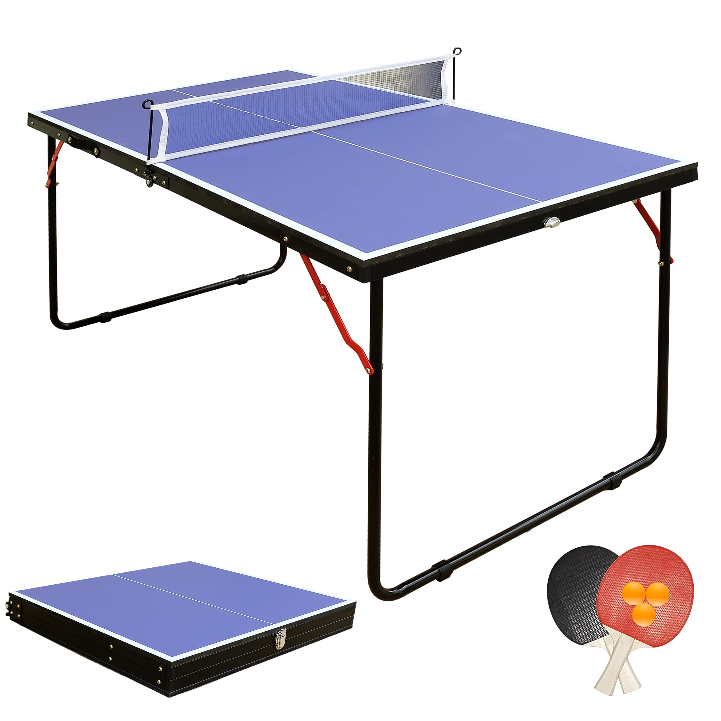 Foldable Midsize Ping Pong Table Set with Net & 2 Paddles - Indoor/Outdoor Waterproof Table Tennis Game for Backyard, Basement & Recreation Rooms