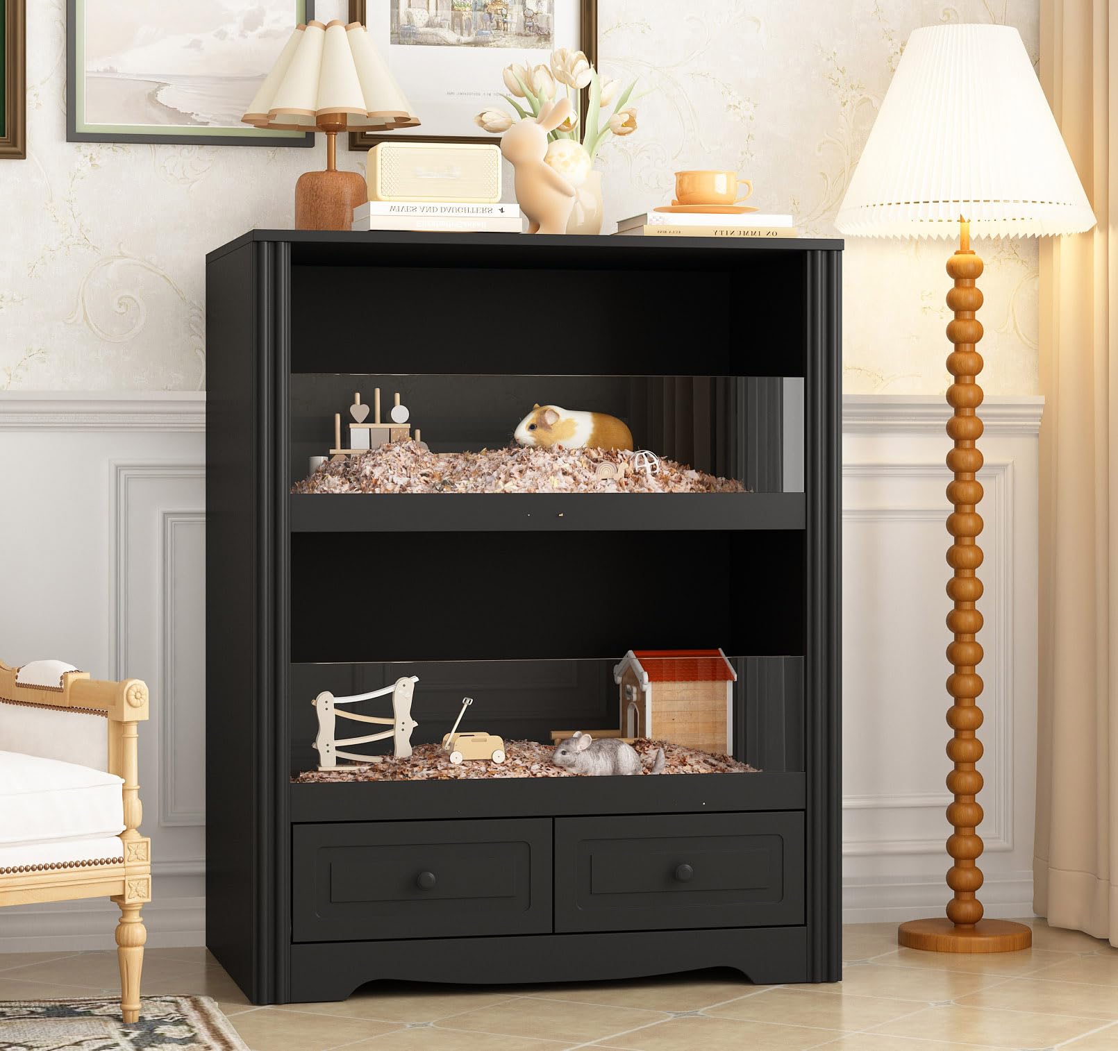 Premium Guinea Pig Cage & Small Animal Habitat - 2-Tier Hamster Cage with Large Drawers | Durable Critter Nation Style Enclosure for Rabbits, Ferrets & Rodents | Perfect for Pet Observation & Home Decor (Black)