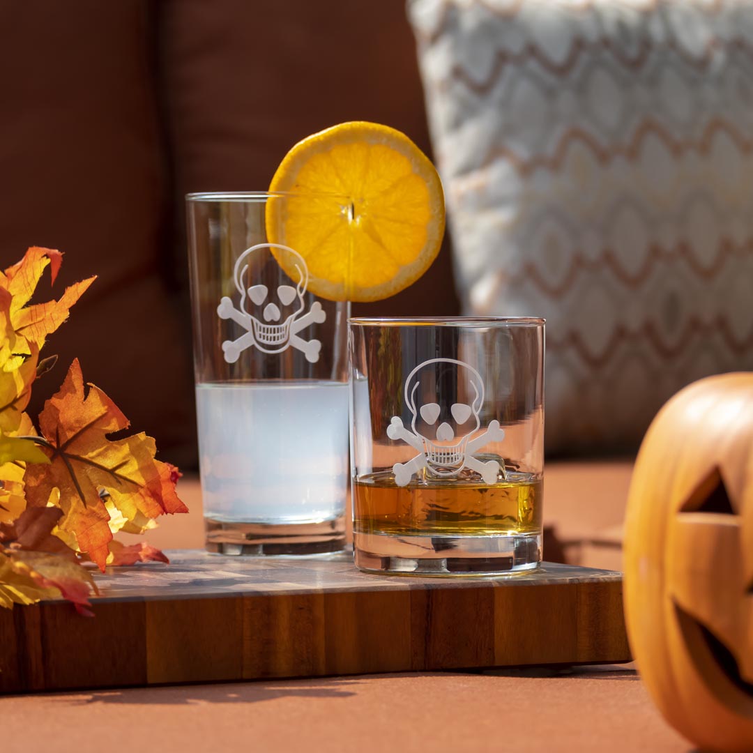Skull and Crossbones 13oz Double Old Fashioned Glasses - Set of 12 | Perfect for Halloween Parties, Themed Bars & Whiskey Cocktails