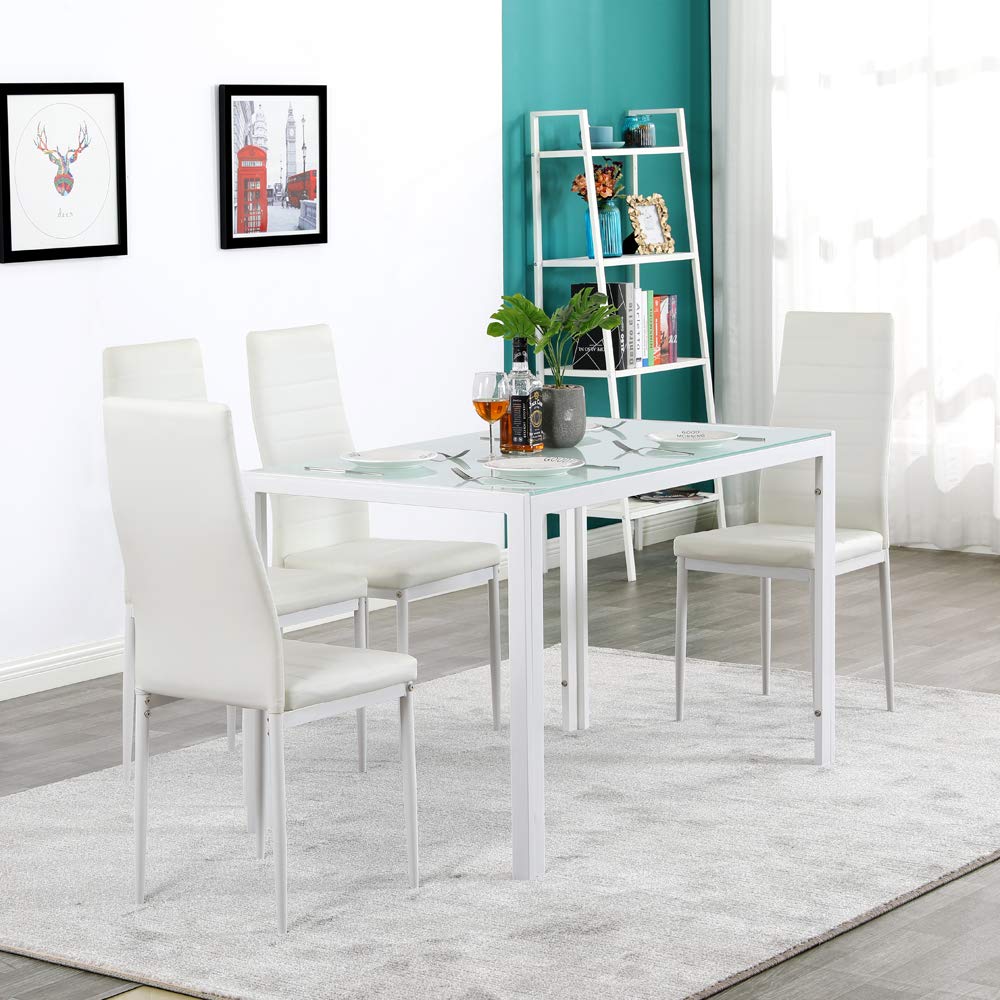BNSPLY 5-Piece White Dining Table Set for 4 - Modern Kitchen & Dining Room Table with Chairs - Perfect for Small Spaces, Breakfast Nook, and Family Meals