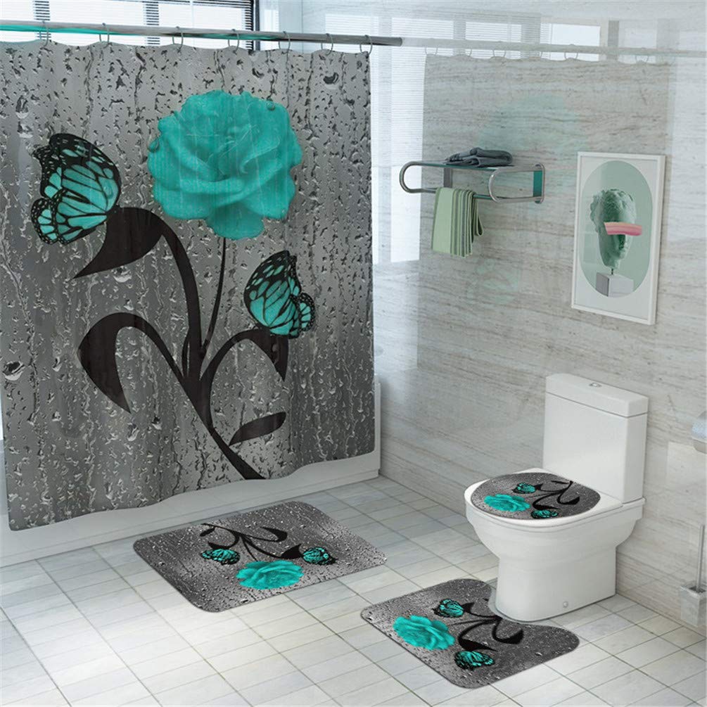 Teal Rose Shower Curtain Set with Butterfly Design - Includes Non-Slip Bath Rug, Toilet Lid Cover & Bath Mat | Waterproof Raindrop Pattern with 12 Hooks | Perfect for Modern Bathroom Decor & Spa-Like Shower Experience