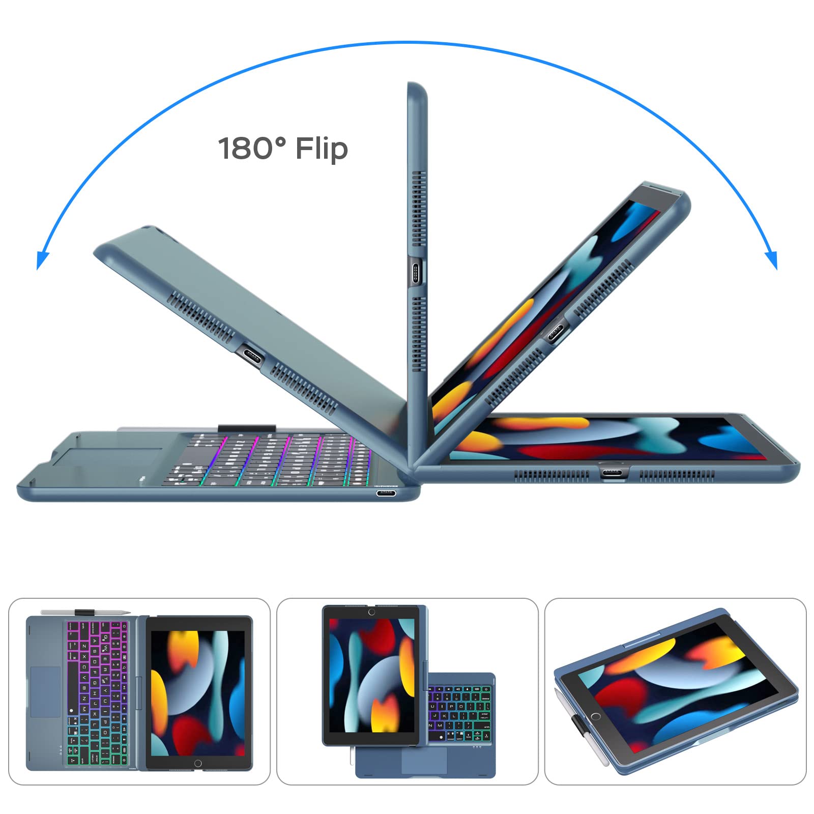 NOKBABO iPad 9th/8th/7th Generation Case with Bluetooth Keyboard, 360° Rotatable Stand, 7-Color Backlit Touchpad & Apple Pencil Holder - Compatible with iPad 10.2