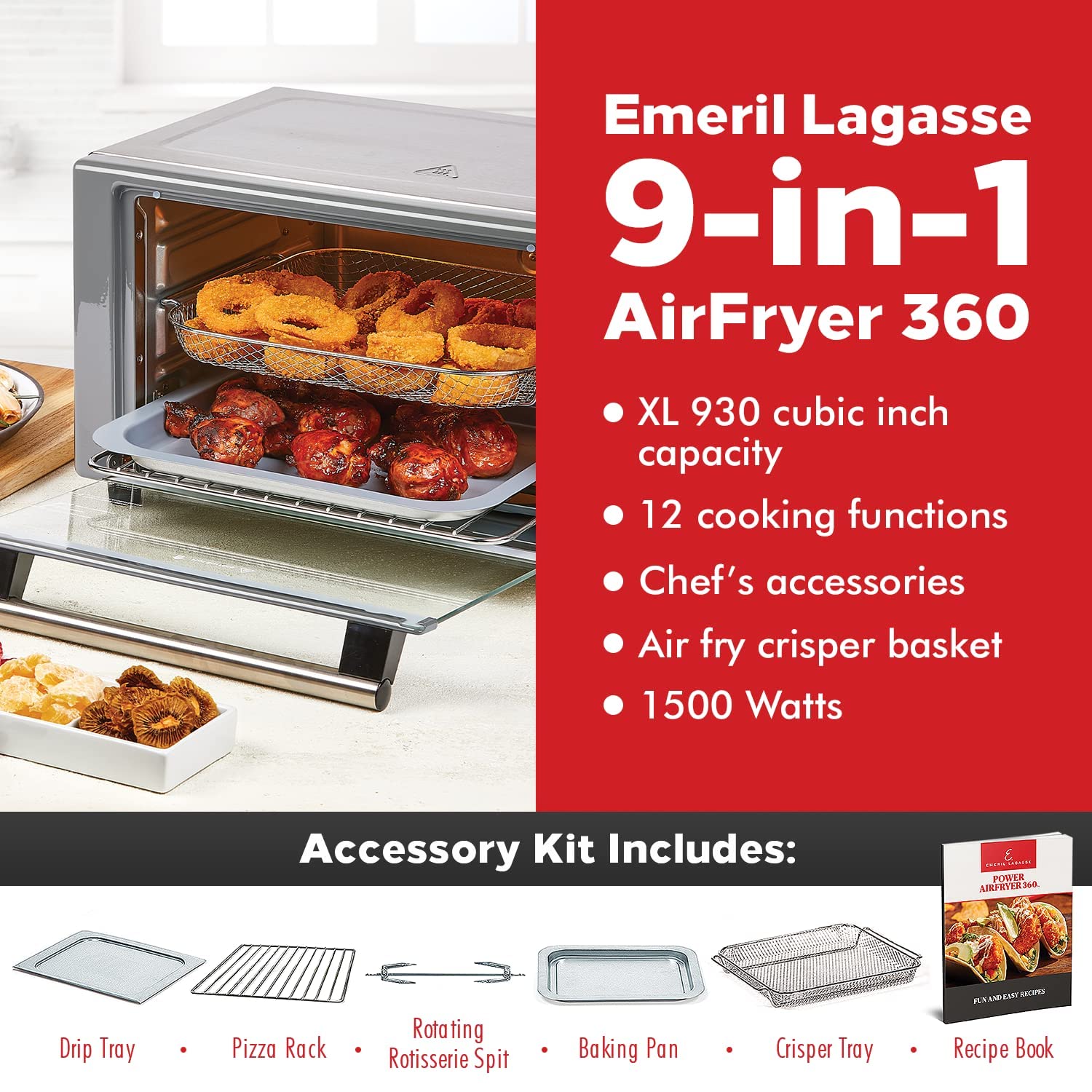 Emeril Lagasse Everyday 360 Stainless Steel Air Fryer - 9-in-1 XL Capacity with 360° Quick Cook Technology & 12 Preset Functions (Bake, Rotisserie, Broil, Pizza) - Perfect for Family Dinners, Healthy Meals & Quick Snacks