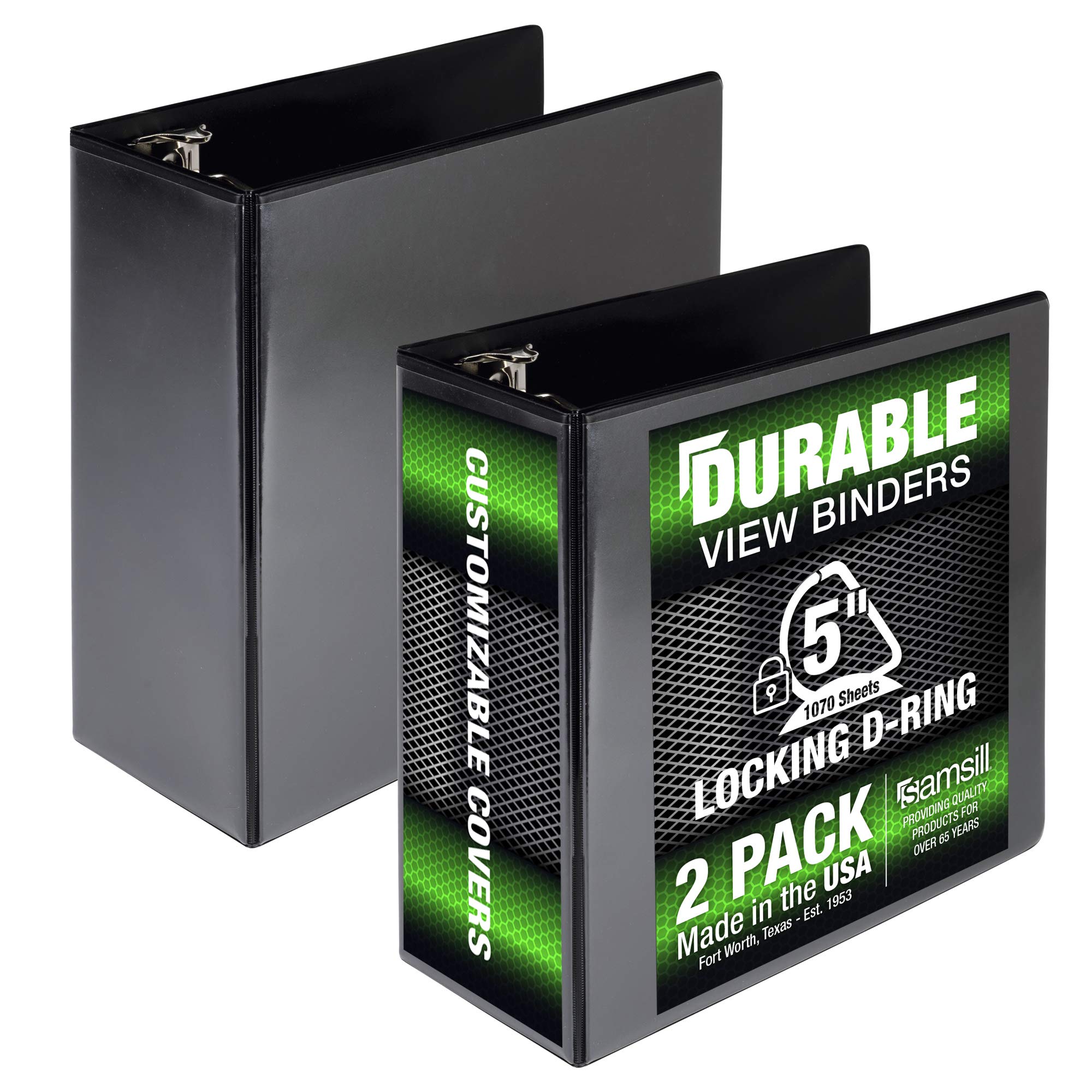 Samsill 5 Inch Durable Binder - 2 Pack, Locking D-Ring, Holds 1050 Pages, Customizable Clear View, Made in USA (Black) - Perfect for Office, School & Document Organization