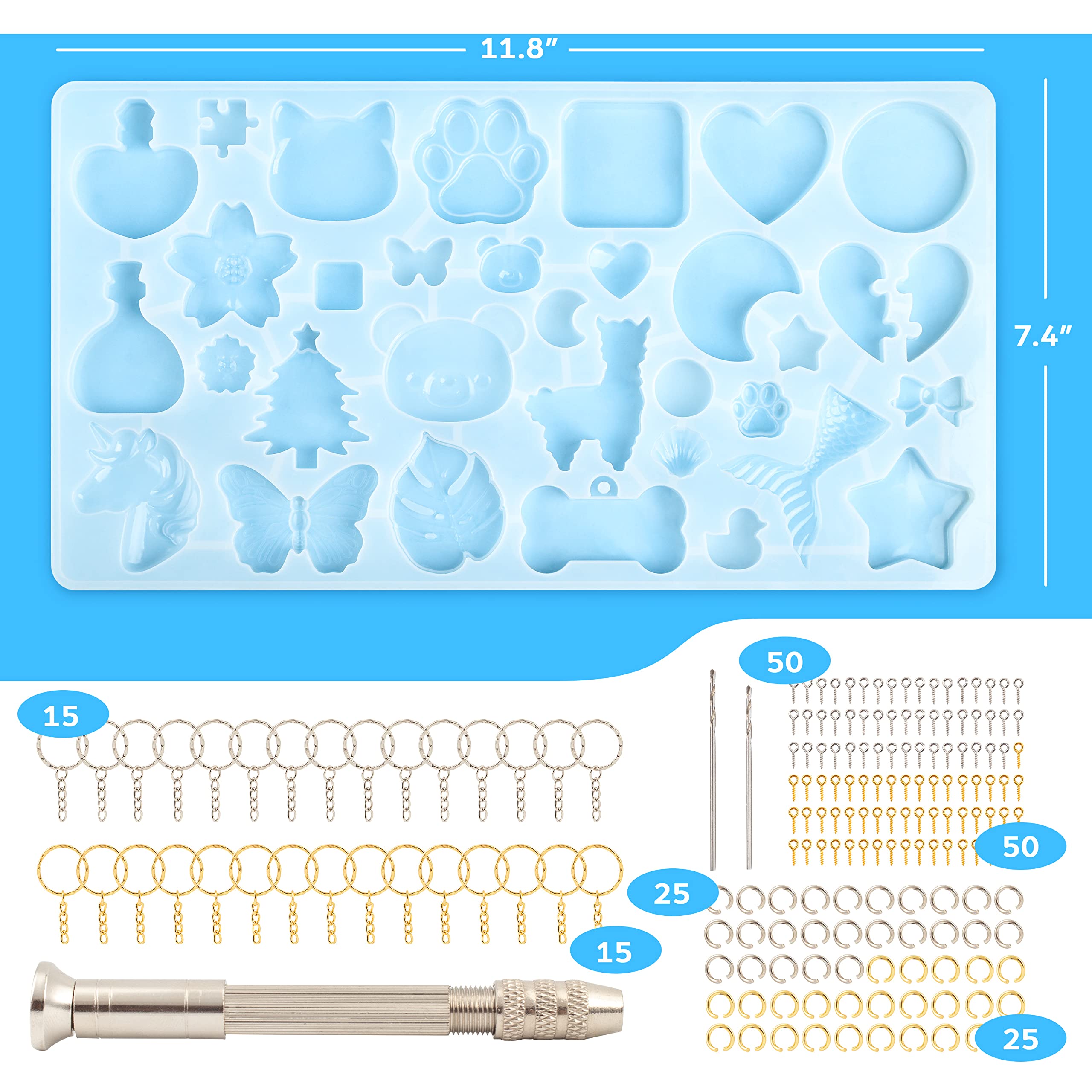 Mocoosy 182Pcs Silicone Resin Molds Kit for DIY Keychains - 32 Cavity Epoxy Resin Casting Molds with Various Shapes - Perfect for Making Handmade Jewelry, Christmas Ornaments & Craft Supplies (Ideal for DIY Gifts, Home Decor & Party Favors)