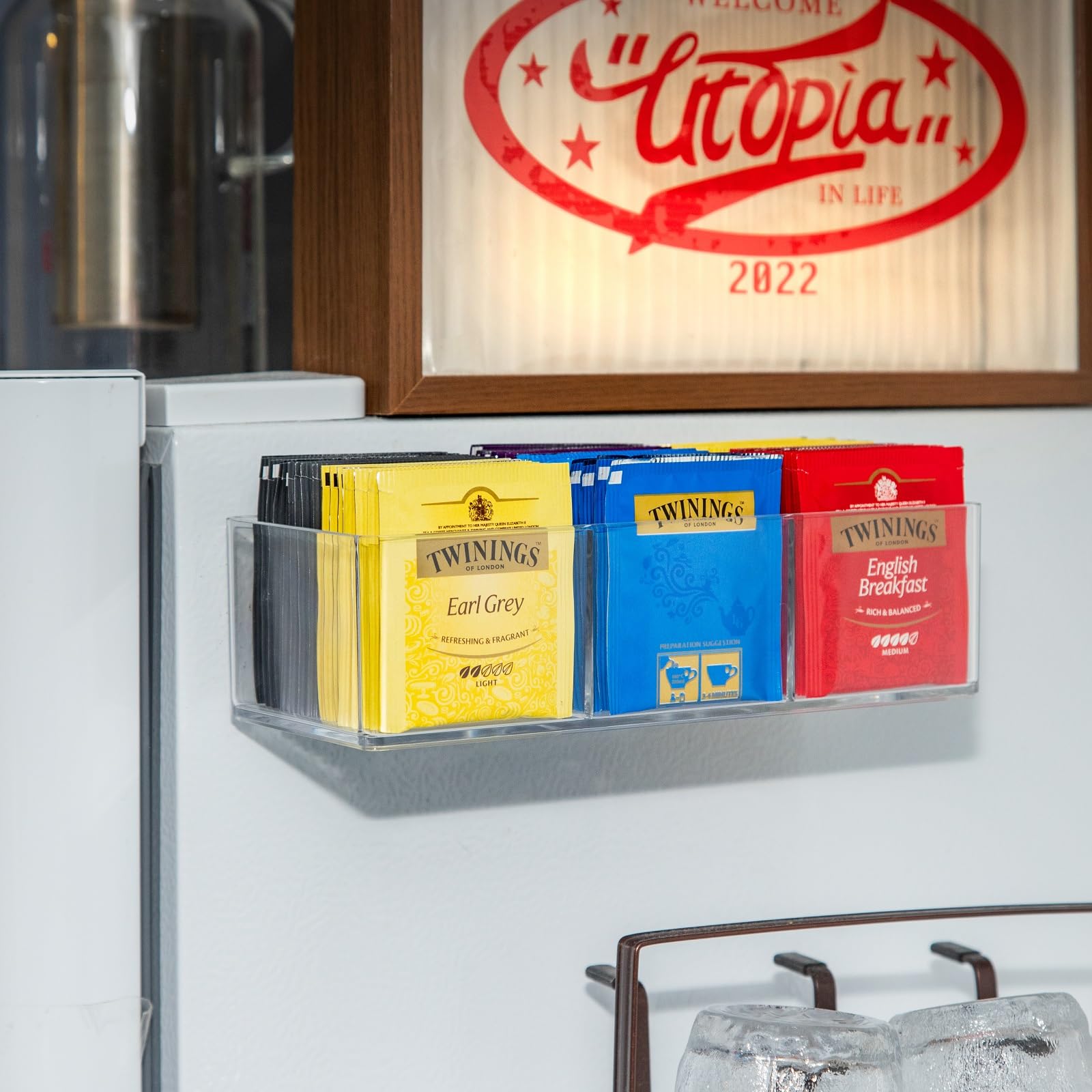60-Capacity Tea Bag Organizer with 3 Compartments - Wall Mount Tea Storage Box with Strong Adhesive Hooks for Kitchen Pantry & Cabinet Doors (Transparent) - Perfect for Tea Lovers & Organized Kitchens