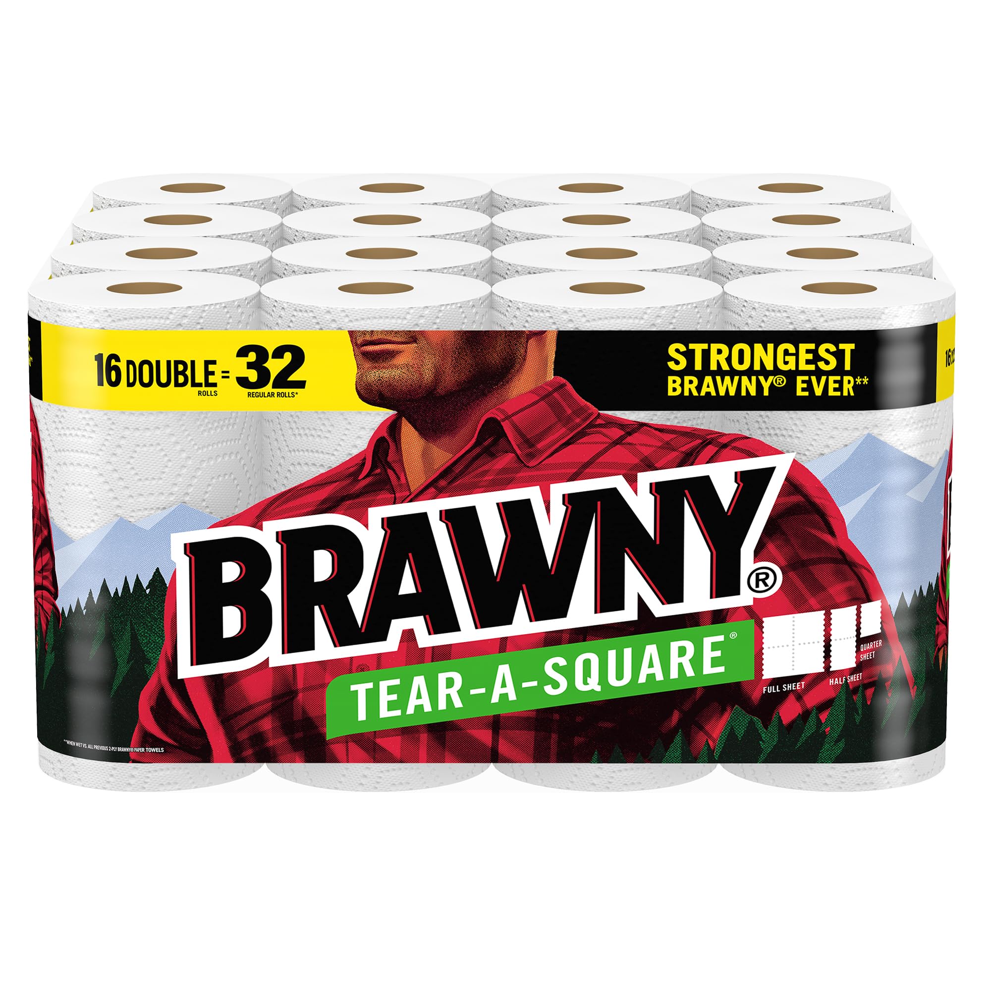 Brawny Tear-A-Square Paper Towels, 16 Double Rolls (32 Regular Rolls) - Ultra Absorbent Kitchen Towels for Spills, Cleaning & Household Use