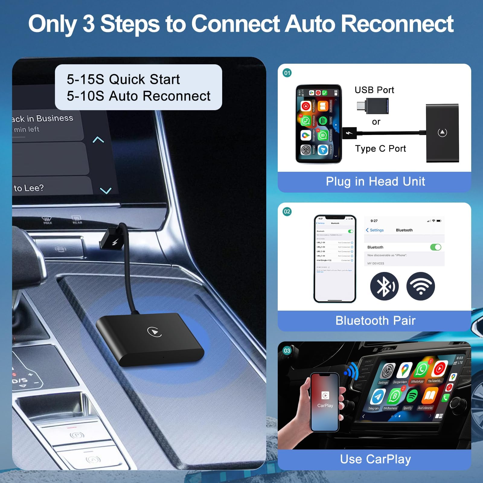 2024 Upgraded Wireless CarPlay Adapter - Convert Factory Wired CarPlay to Wireless for iPhone iOS 10+ & Cars Since 2015 | Seamless Music Streaming & Hands-Free Calling for Safer Driving