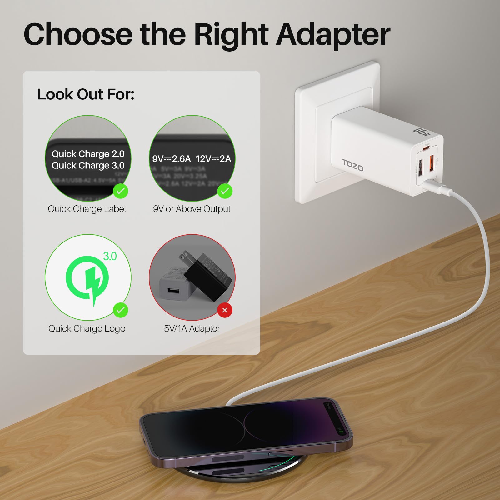 TOZO 2024 Upgraded 15W Max Fast Wireless Charger Pad - Compatible with iPhone 16/16 Plus/16 Pro Max/15/14/13/SE/12 & Samsung Galaxy S24/S23/S22 Series - Qi-Certified Charging Station for Home, Office & Car (Dark Gray, No AC Adapter Included)