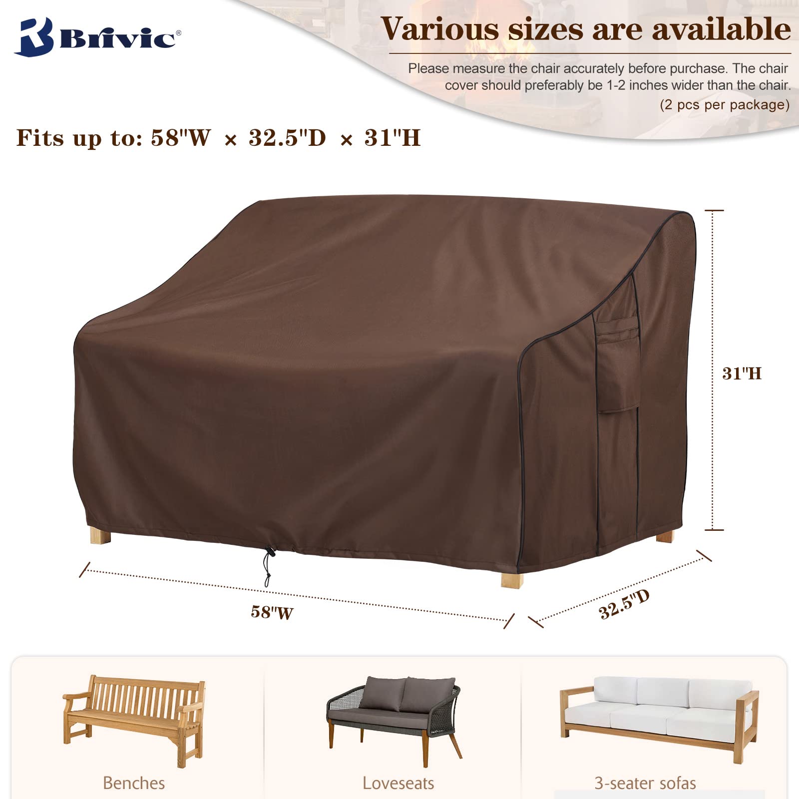 BRIVIC Waterproof Outdoor Patio Furniture Covers for Sofa & Loveseat - Fits 58W x 32.5D x 31H Inches, Heavy-Duty Brown Weatherproof Protection - Perfect for Backyard, Garden, Deck and Poolside Furniture